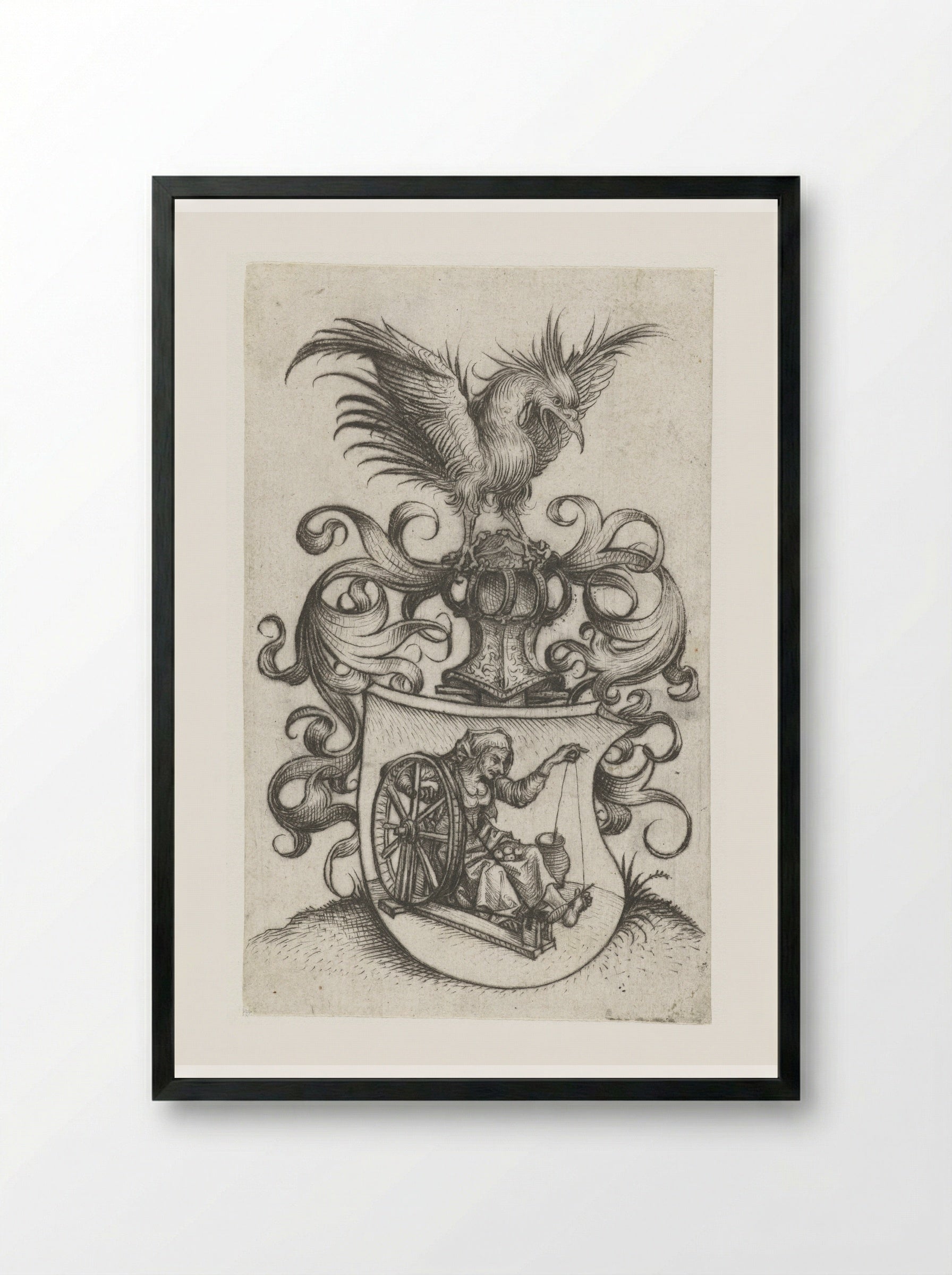 Coat of Arms with an Old Woman Spinning - Master of the Amsterdam Cabinet - Framed Print Black