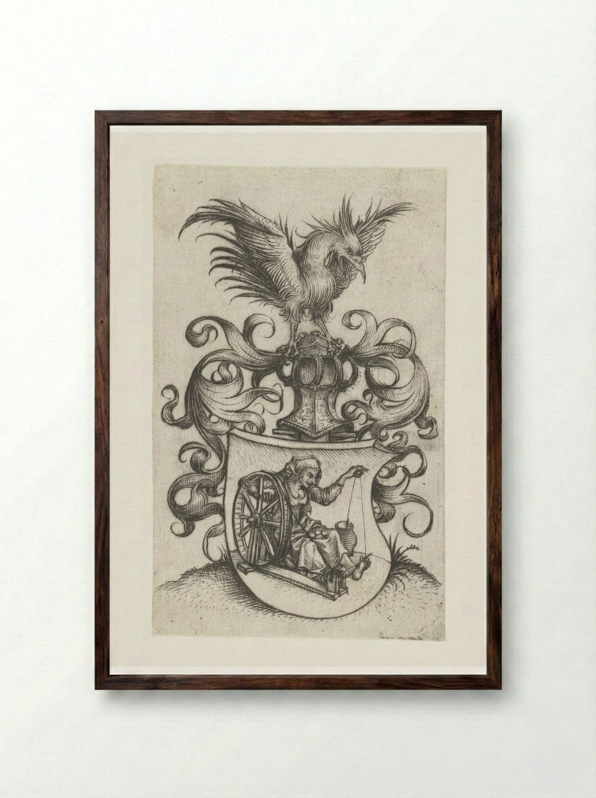 Coat of Arms with an Old Woman Spinning - Master of the Amsterdam Cabinet - Framed Print Dark Wood