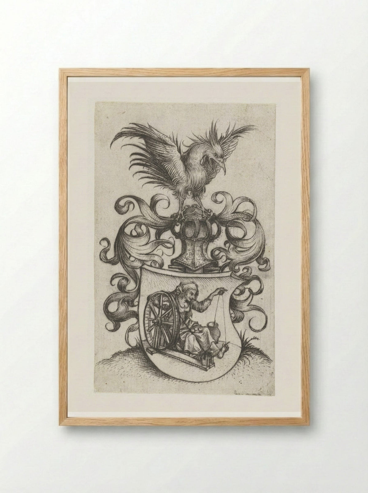 Coat of Arms with an Old Woman Spinning - Master of the Amsterdam Cabinet - Framed Print Wood