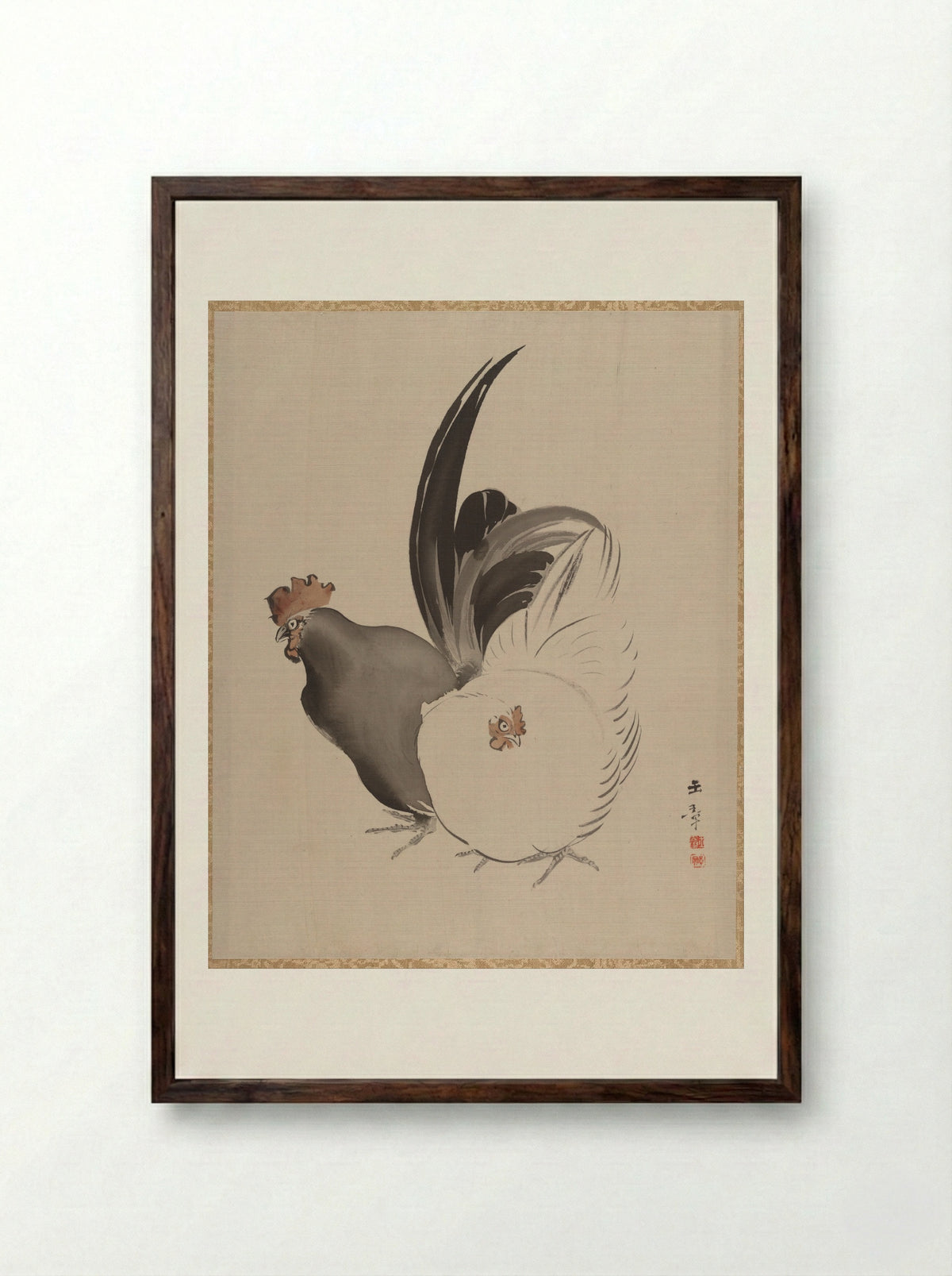 Cock and Hen - Kawabata Gyokushō - Framed Print Dark Wood