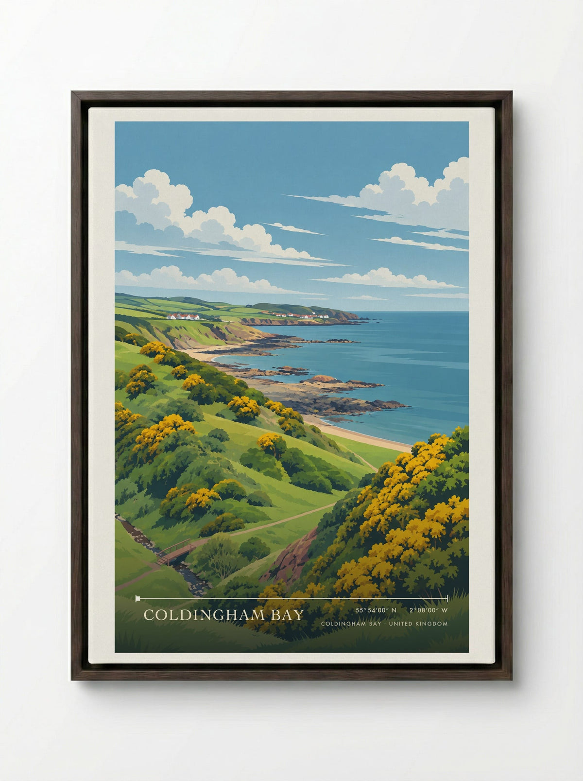 Coldingham Bay | Travel Poster - Framed Canvas Dark Wood