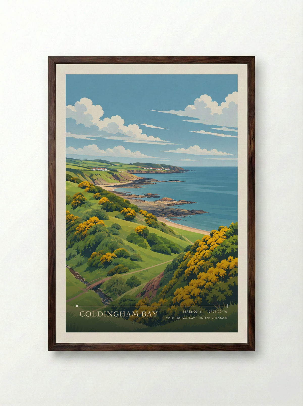 Coldingham Bay | Travel Poster - Framed Print Dark Wood