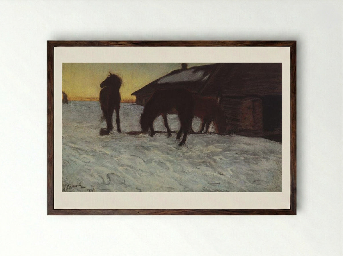 Colts at Watering Place. Domotcanovo - Valentin Serov - Framed Print Dark Wood
