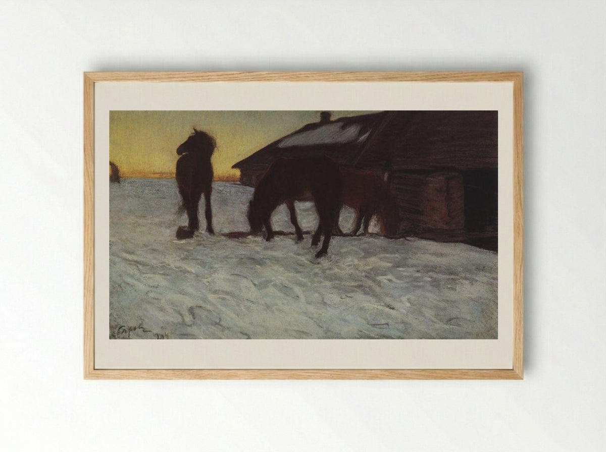 Colts at Watering Place. Domotcanovo - Valentin Serov - Framed Print Wood