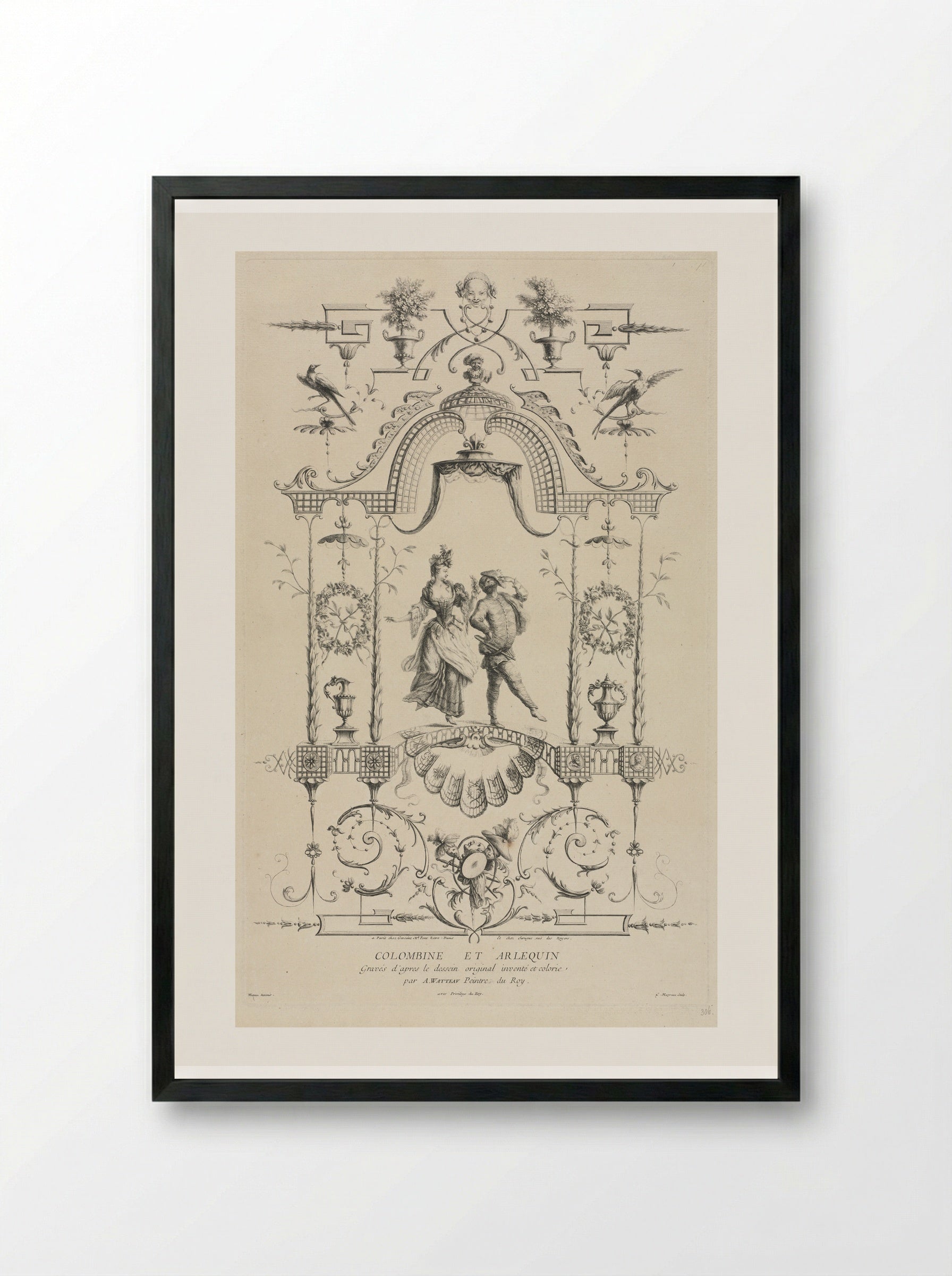 Columbine and Harlequin - Jean Moyreau - Framed Print Black