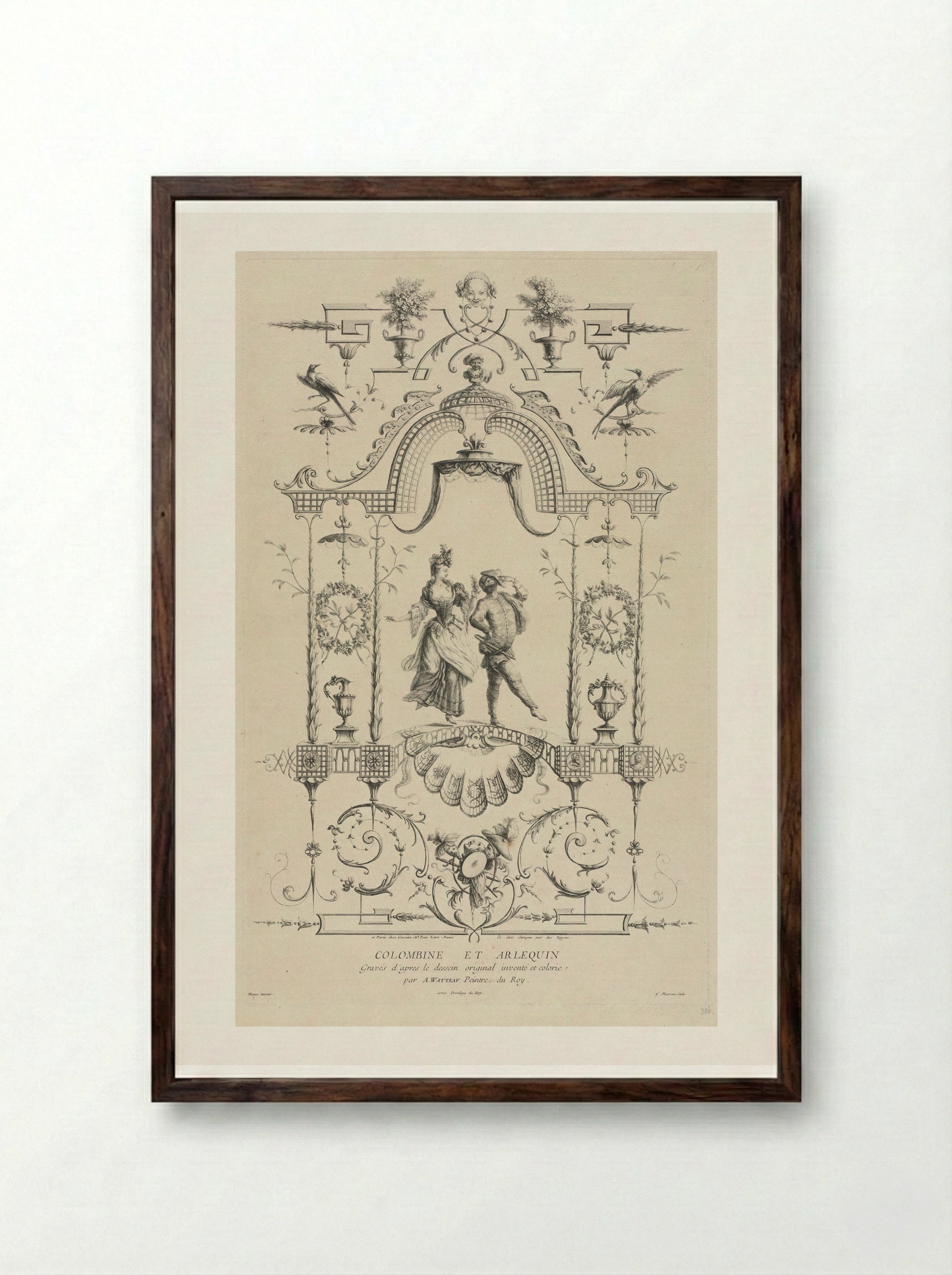 Columbine and Harlequin - Jean Moyreau - Framed Print Dark Wood