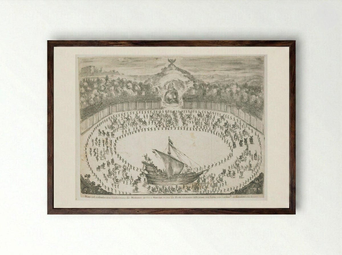 Combat and Ballet on Horseback, with a Ship - Stefano Della Bella - Framed Print Dark Wood