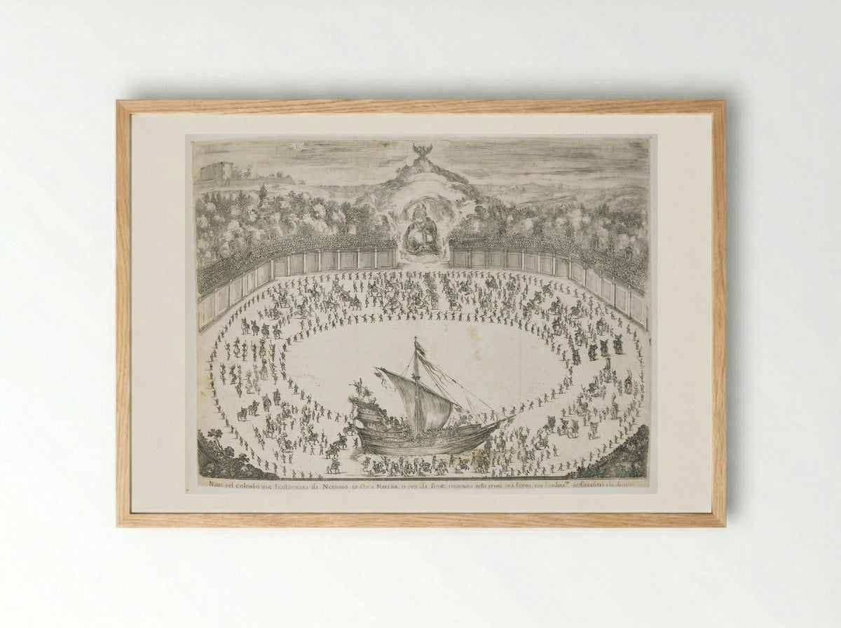 Combat and Ballet on Horseback, with a Ship - Stefano Della Bella - Framed Print Wood