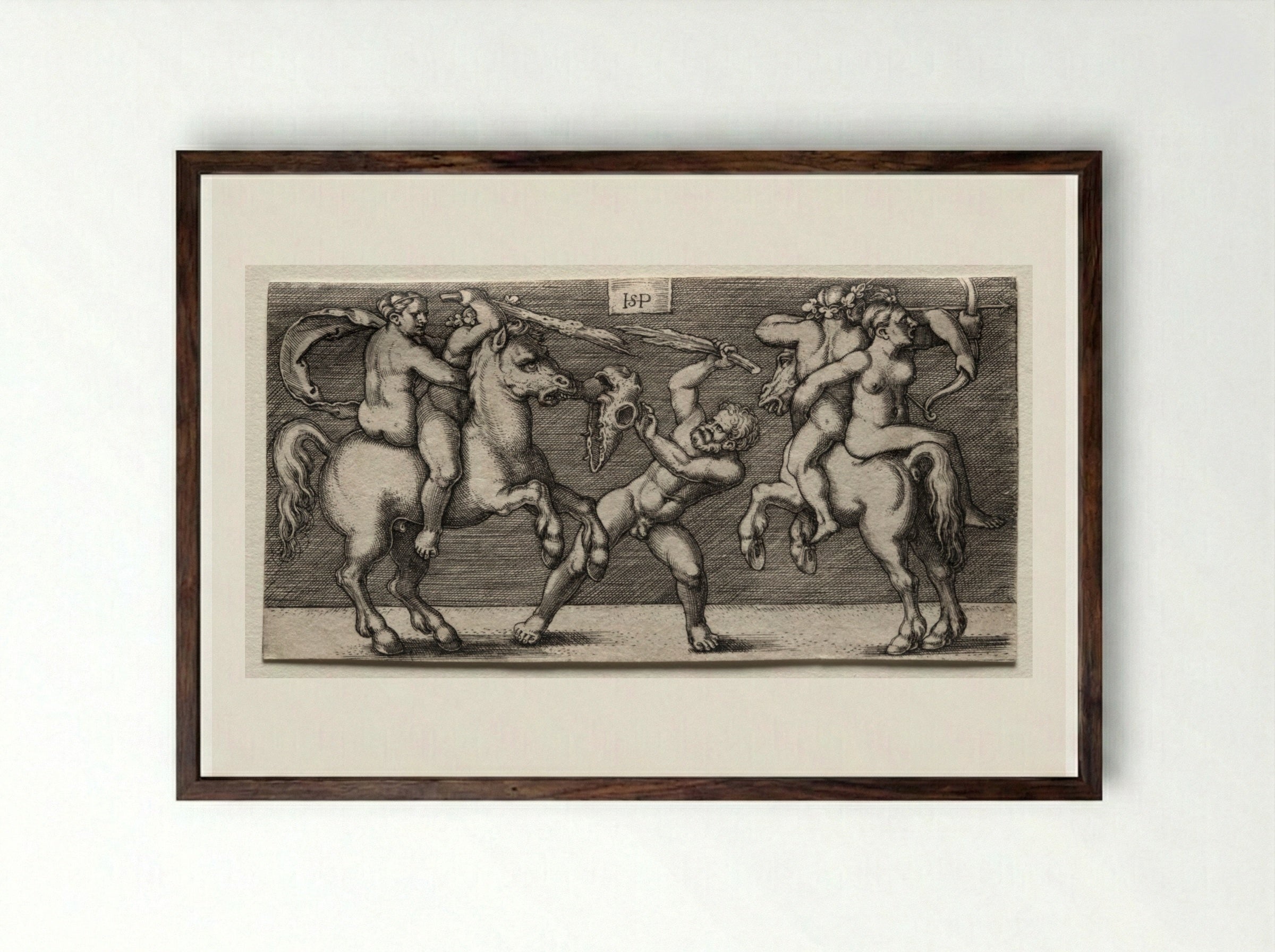 Combat of Three Men - Hans Sebald Beham - Framed Print Dark Wood