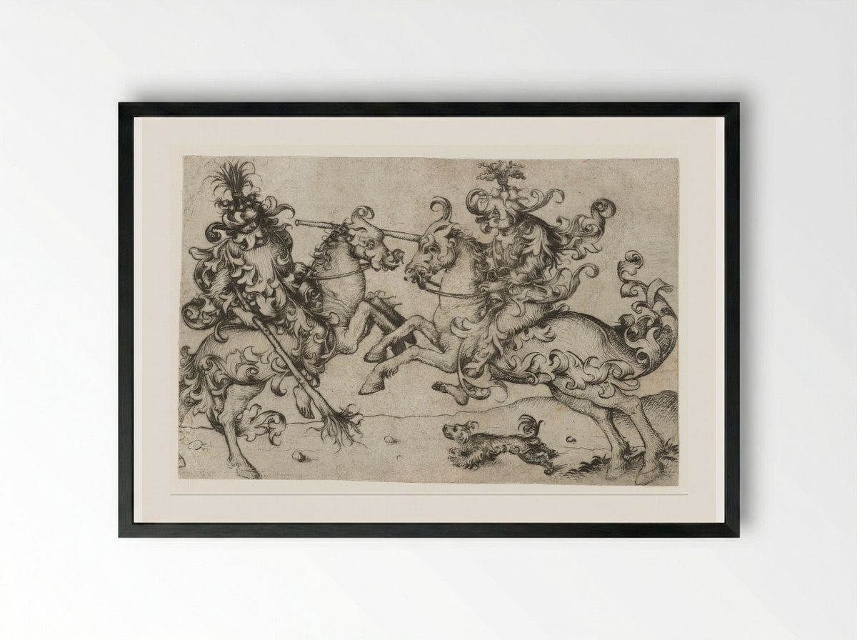 Combat of Two Wild Men on Horseback - Master of the Amsterdam Cabinet - Framed Print Black
