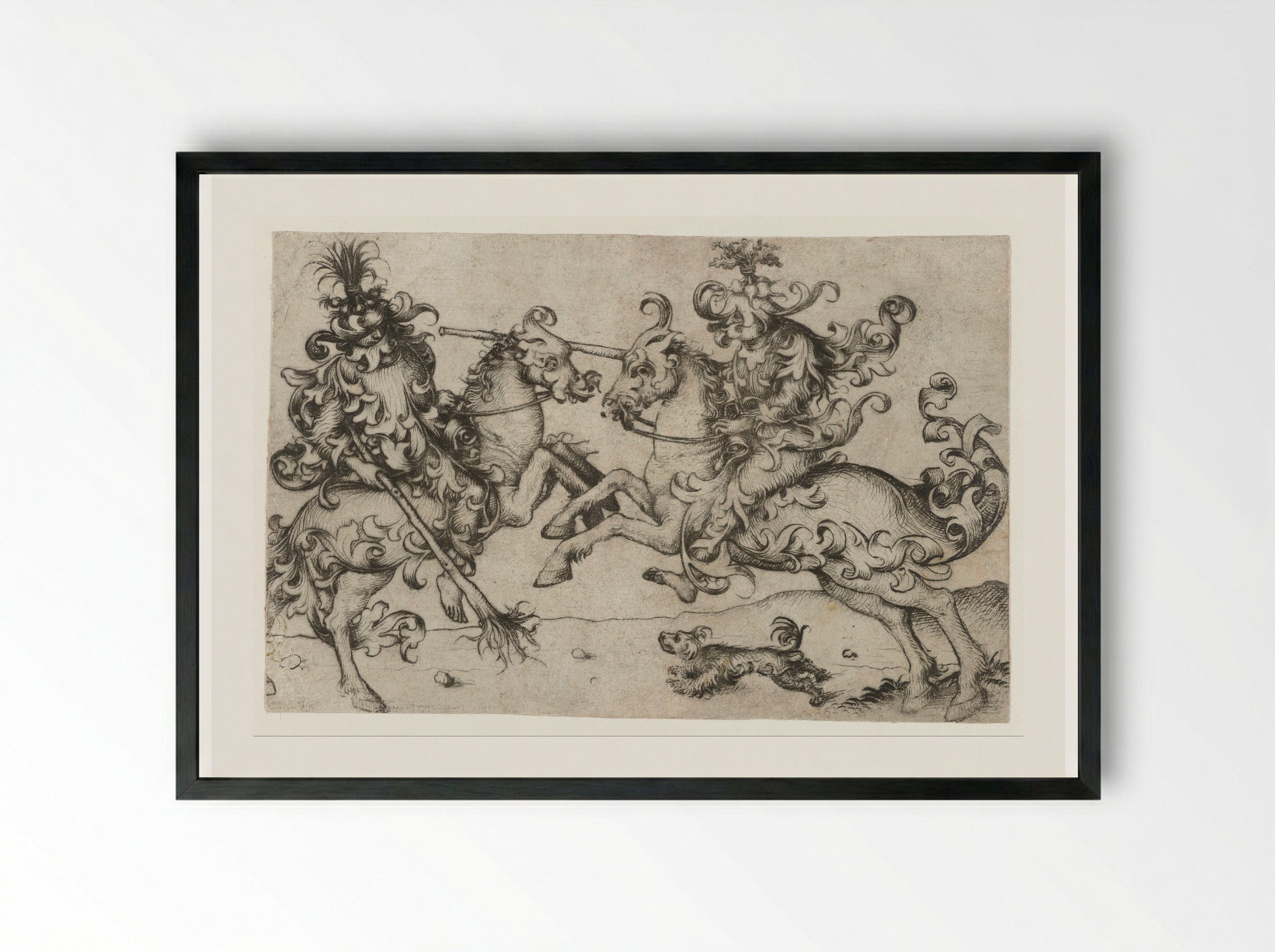 Combat of Two Wild Men on Horseback - Master of the Amsterdam Cabinet - Framed Print Black