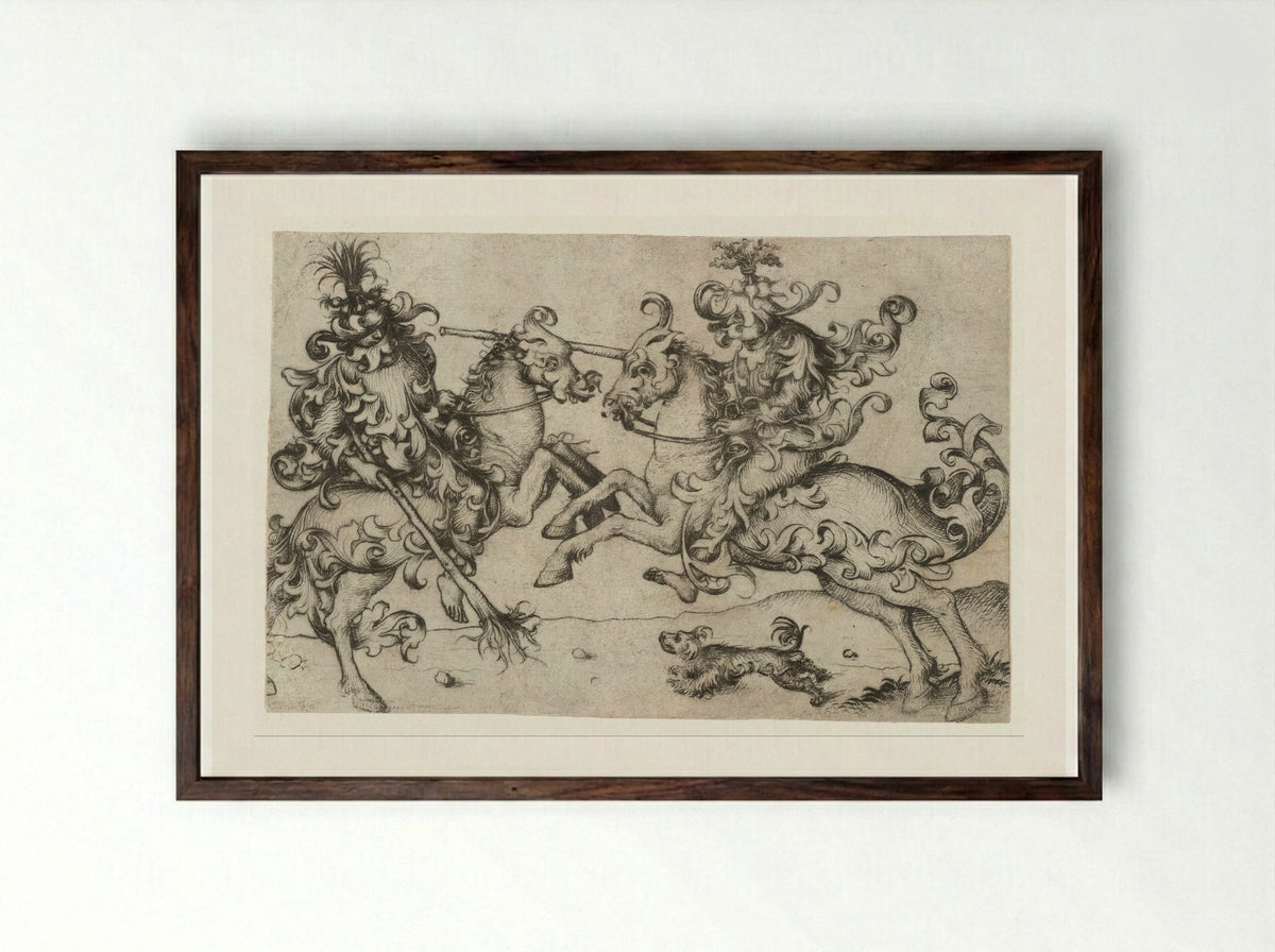 Combat of Two Wild Men on Horseback - Master of the Amsterdam Cabinet - Framed Print Dark Wood