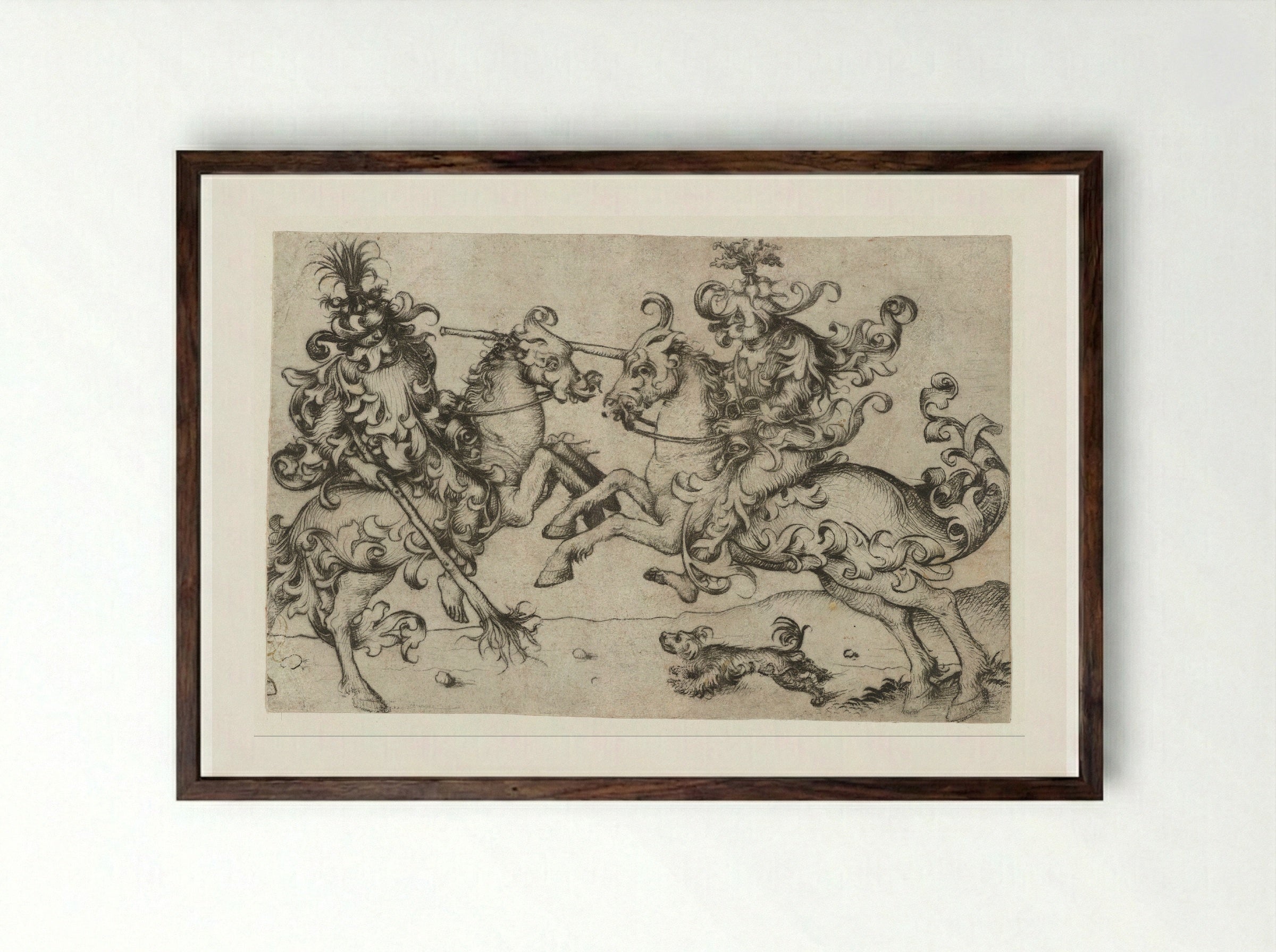 Combat of Two Wild Men on Horseback - Master of the Amsterdam Cabinet - Framed Print Dark Wood