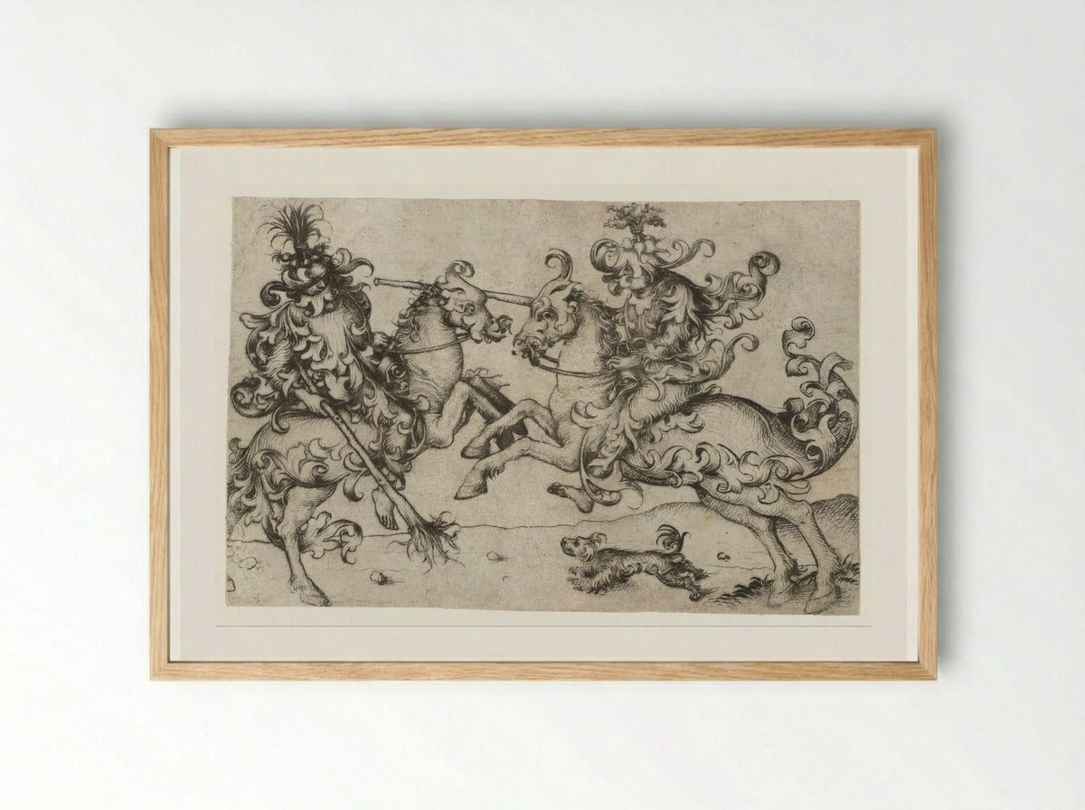 Combat of Two Wild Men on Horseback - Master of the Amsterdam Cabinet - Framed Print Wood