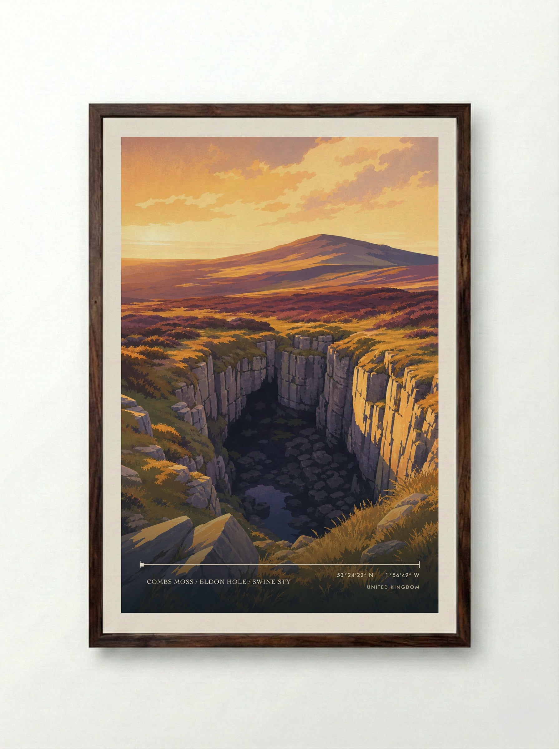 Combs Moss / Eldon Hole / Swine Sty United Kingdom Travel Poster - Framed Print Dark Wood
