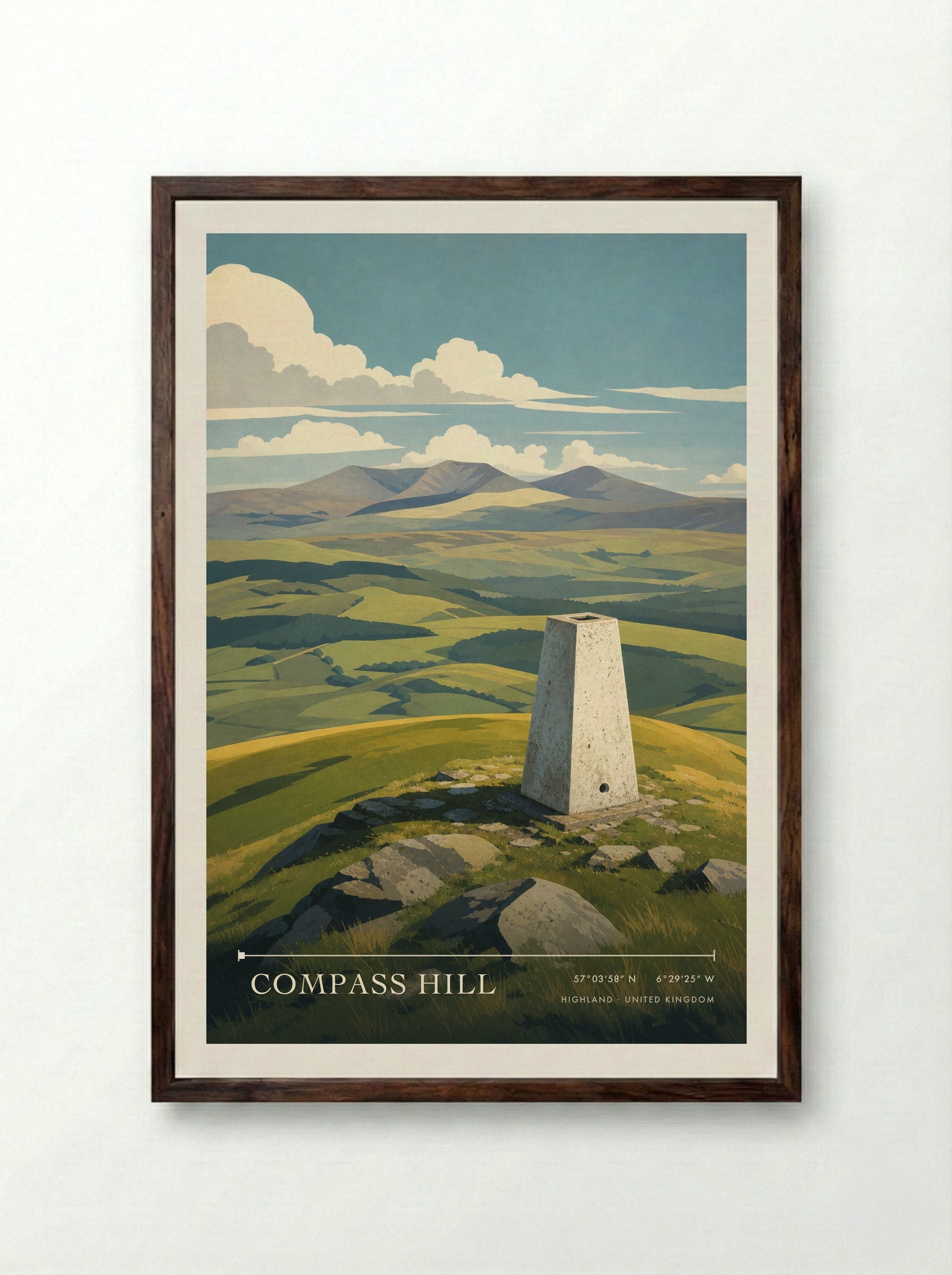 Compass Hill Highland United Kingdom Travel Poster - Framed Print Dark Wood