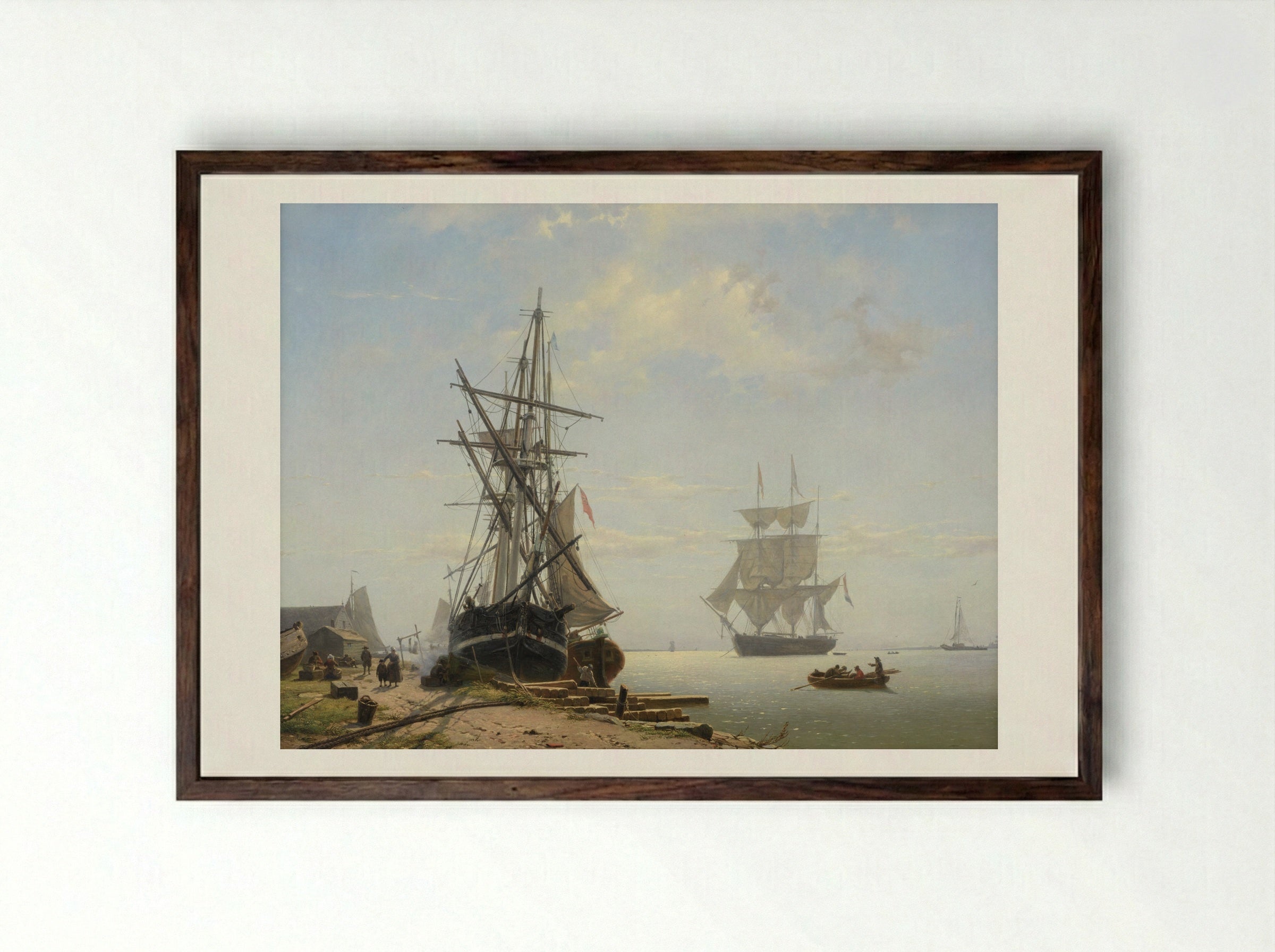 Compositie met schepen en gezicht op de Haringpakkerij en de Oudekerkstoren - Willem Anthonie van Deventer - Framed Print Dark Wood