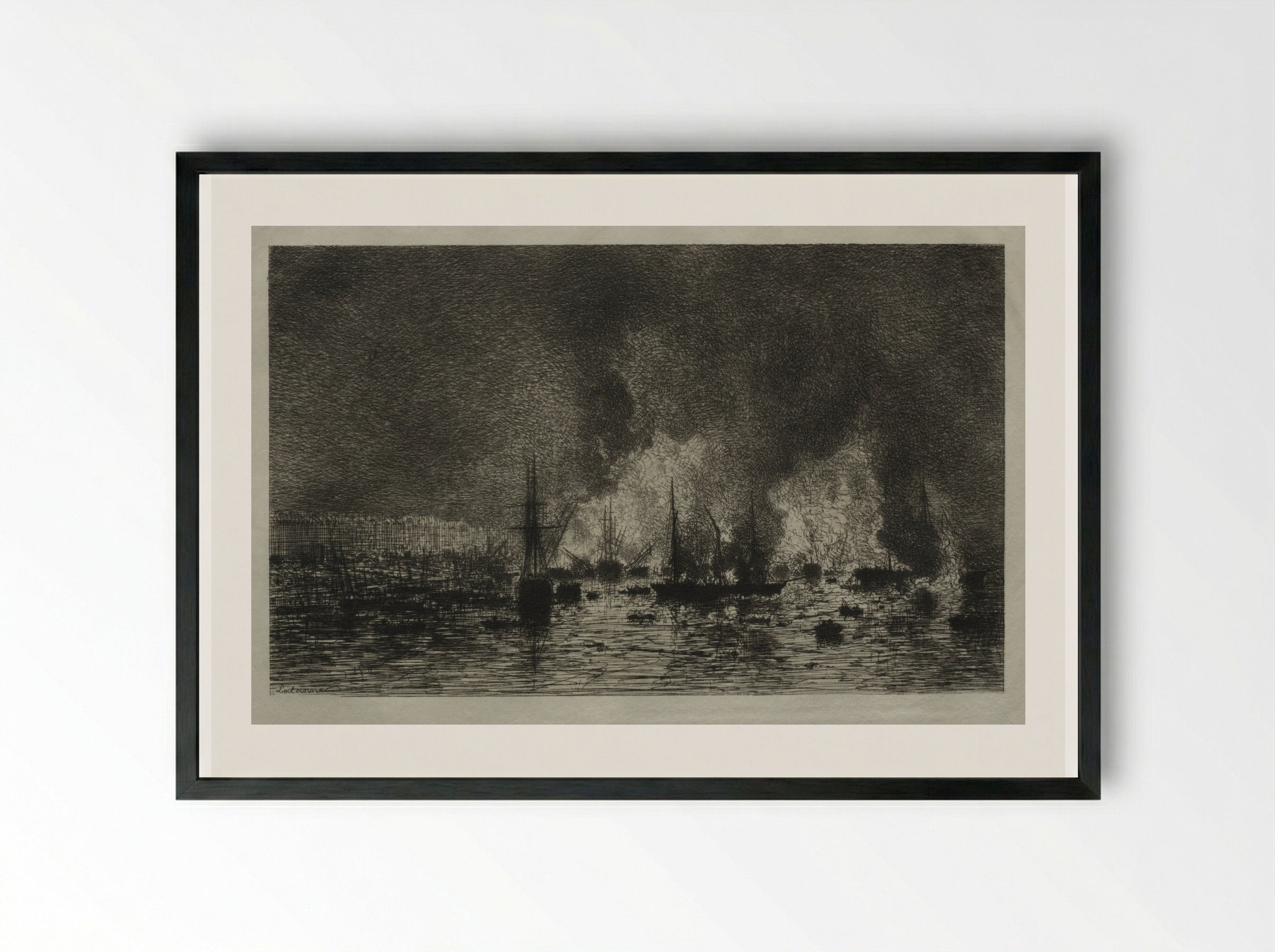 Conflagration in the Port of Bordeaux - Maxime Lalanne - Framed Print Black