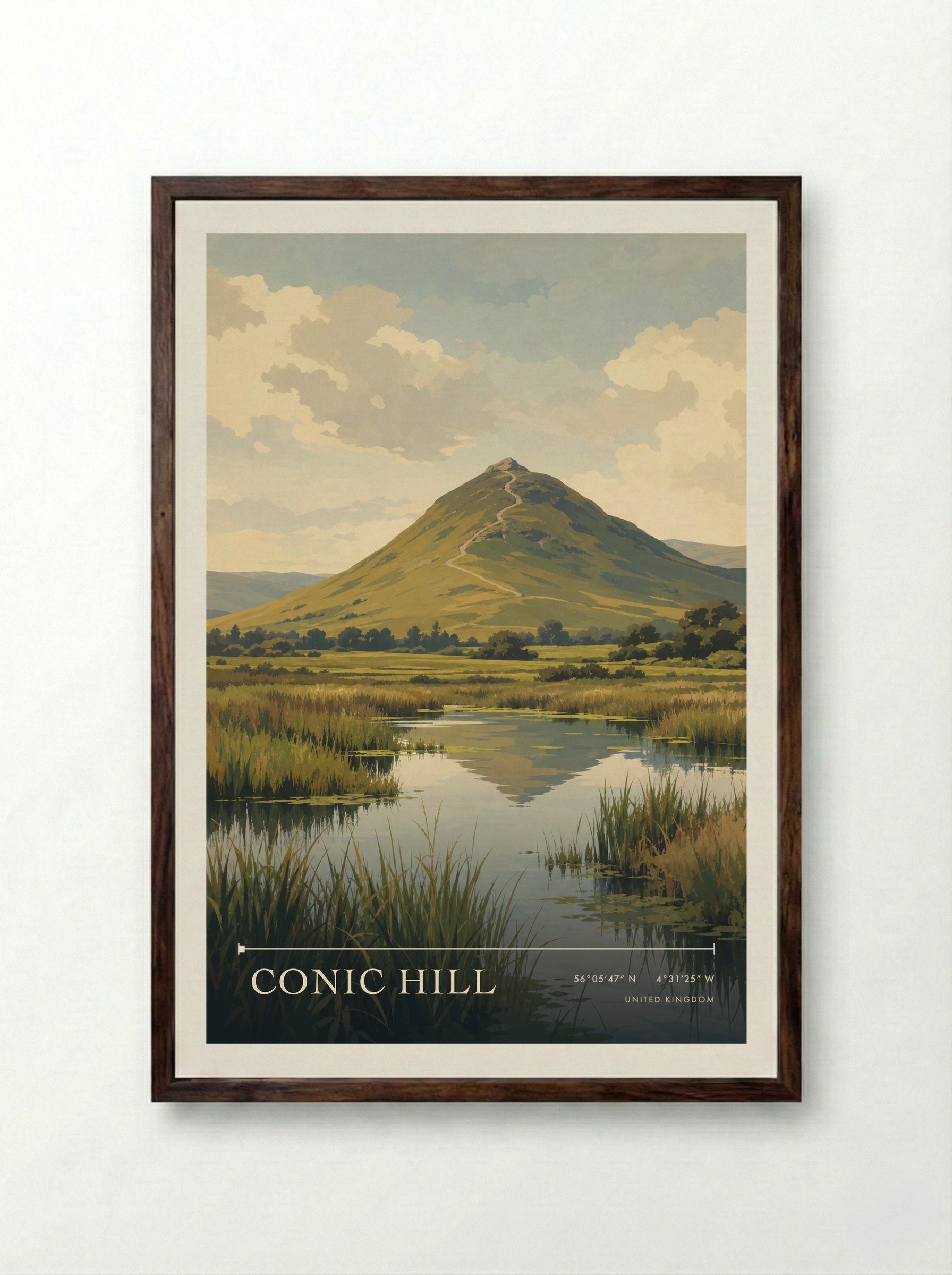 Conic Hill United Kingdom Travel Poster - Framed Print Dark Wood