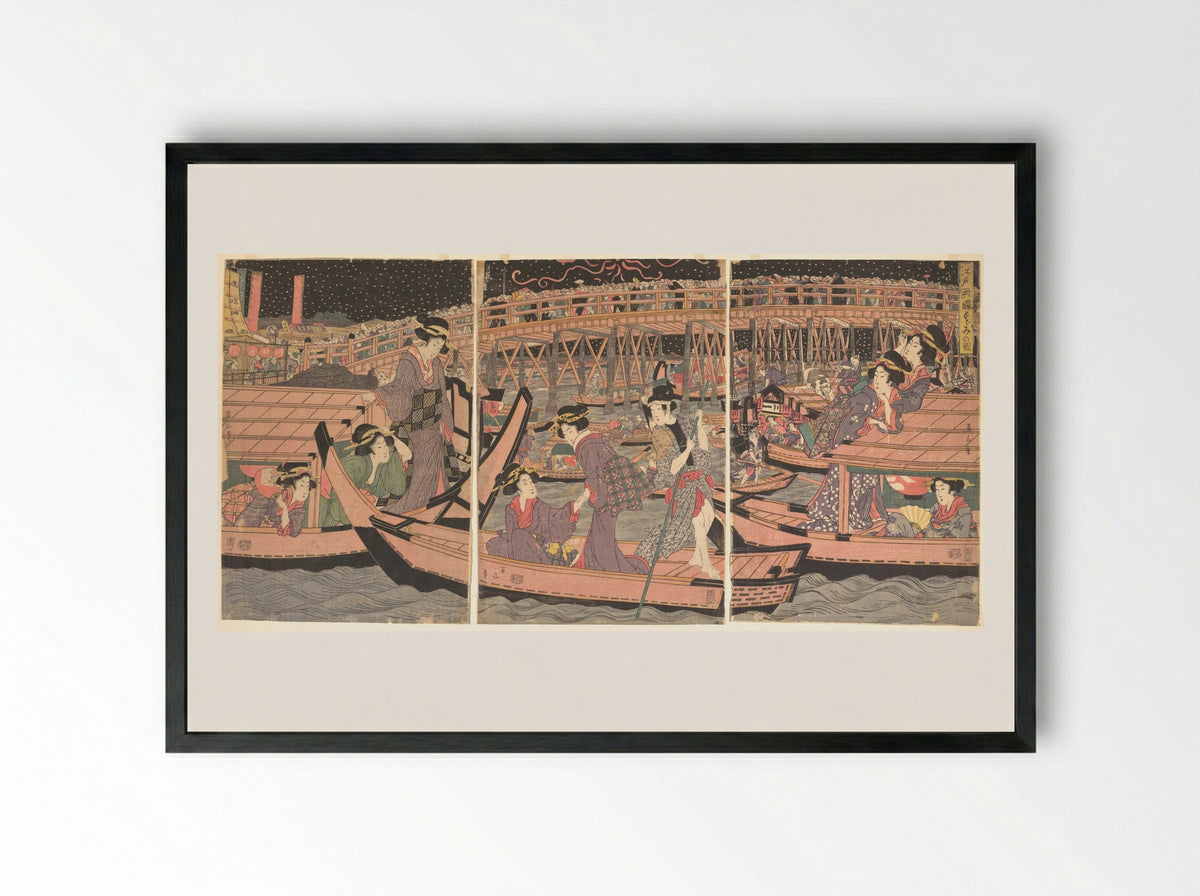 Cooling Off at Ryogoku in Edo - Kikugawa Eizan - Framed Print Black