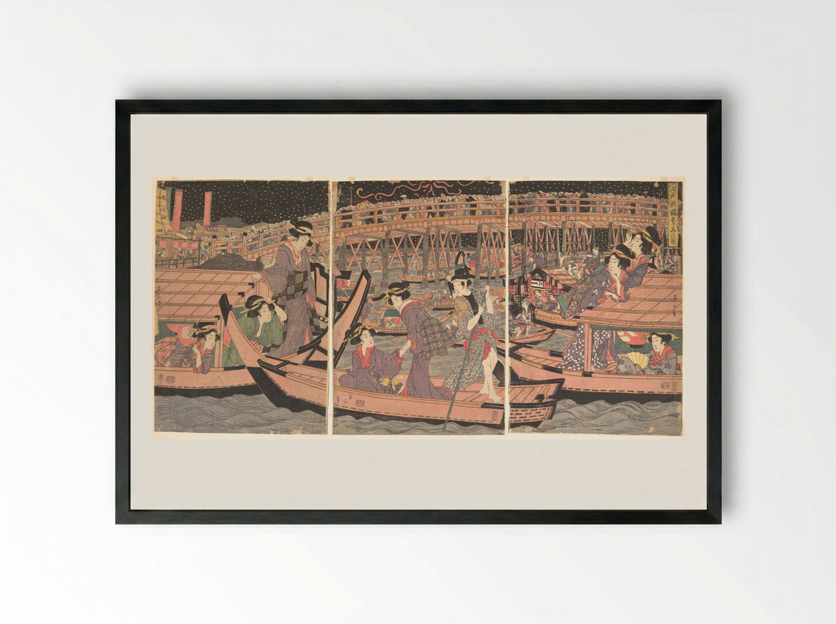 Cooling Off at Ryogoku in Edo - Kikugawa Eizan - Framed Print Black
