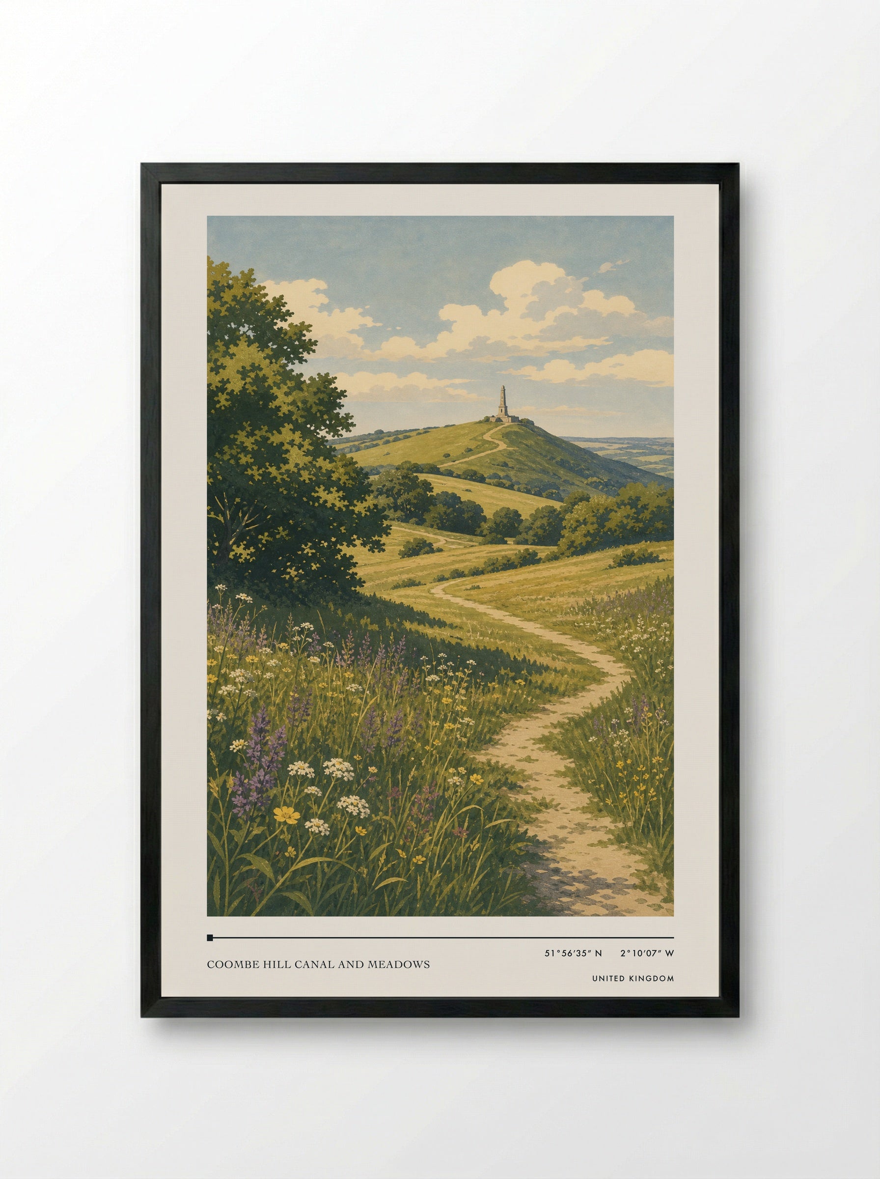 Coombe Hill Canal and Meadows United Kingdom Travel Poster - Framed Print Black