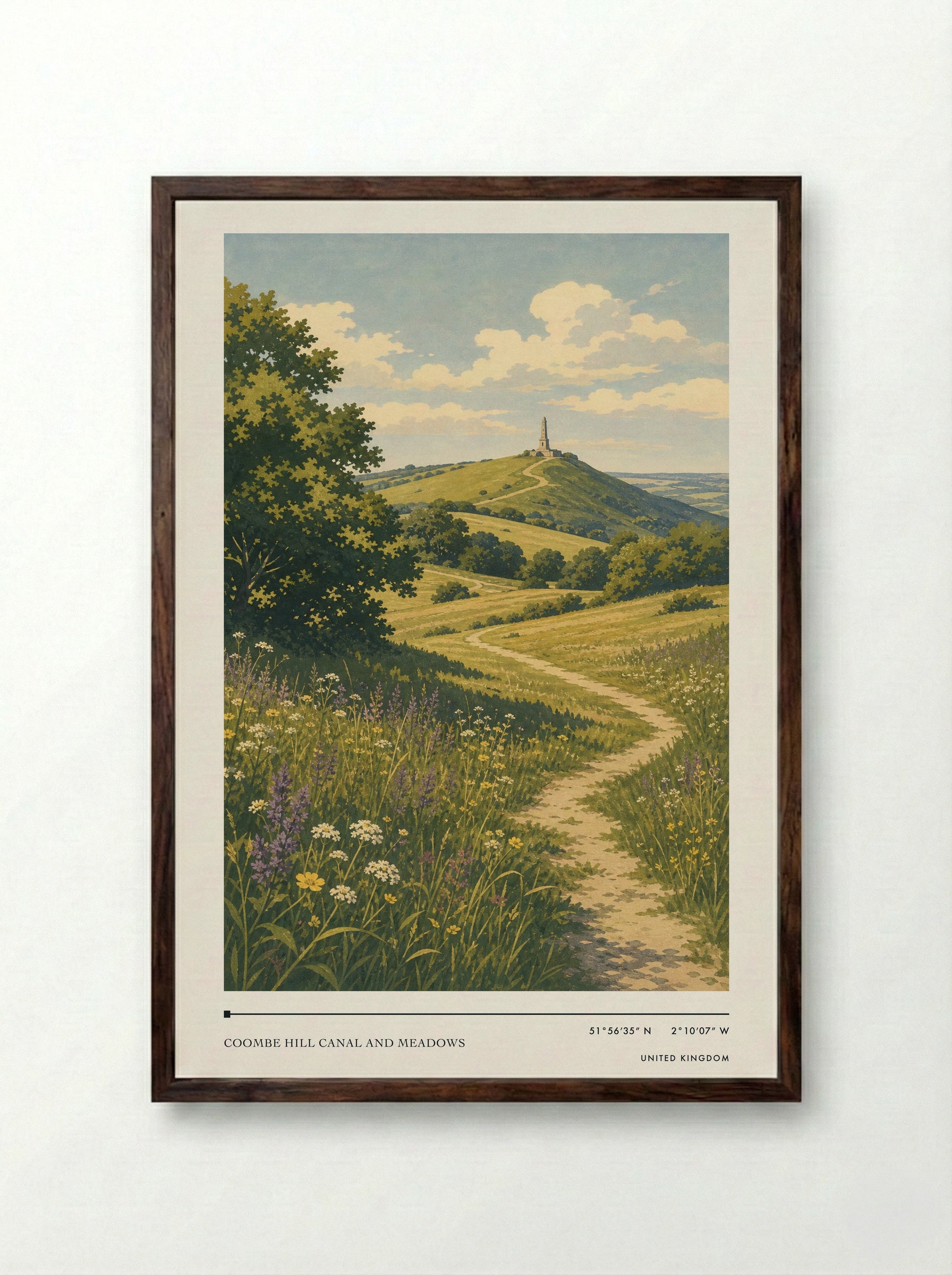 Coombe Hill Canal and Meadows United Kingdom Travel Poster - Framed Print Dark Wood
