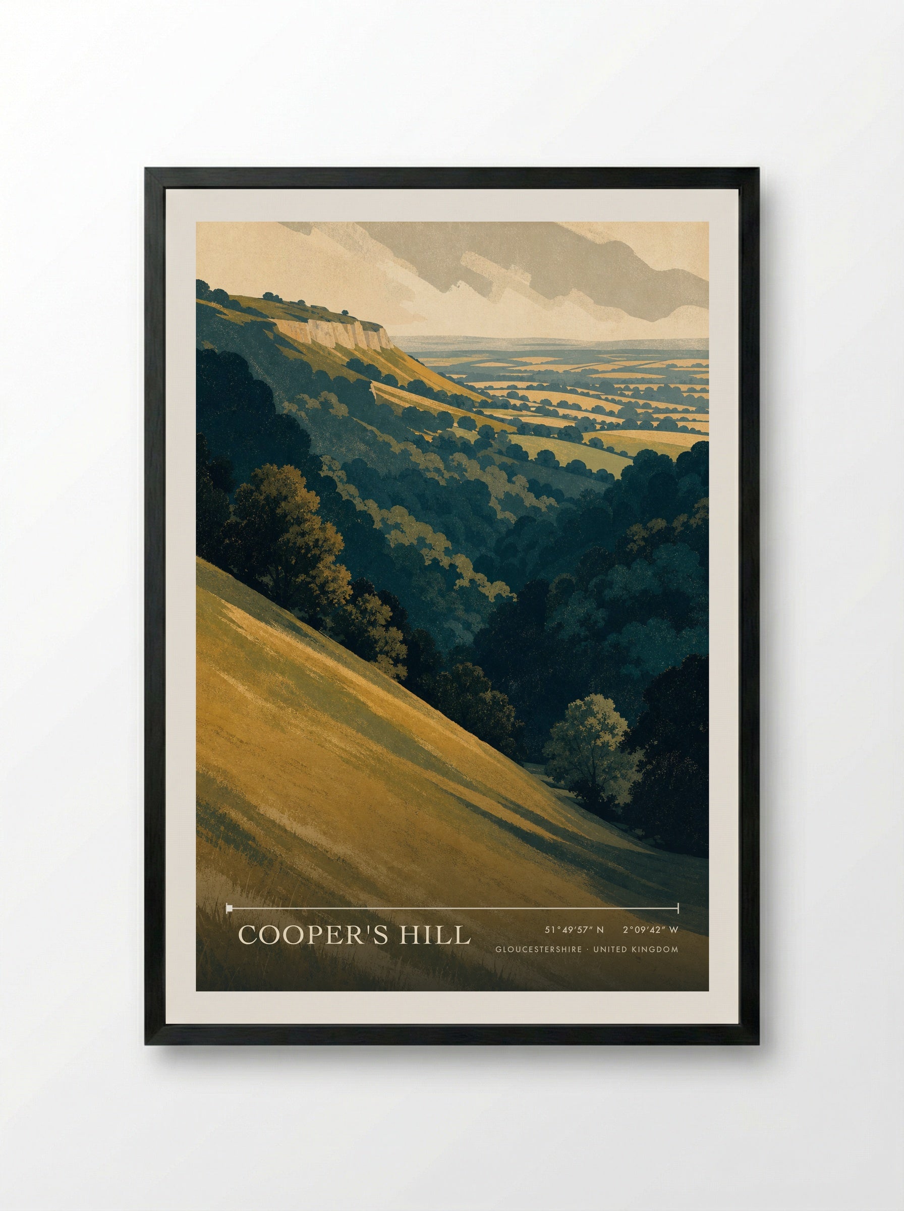 Cooper's Hill Gloucestershire United Kingdom Travel Poster - Framed Print Black