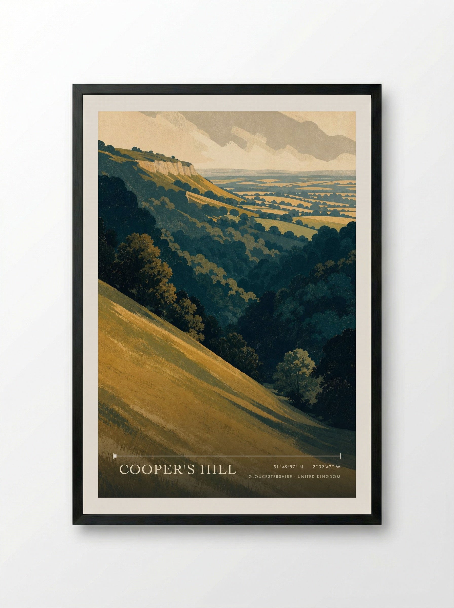 Cooper's Hill Gloucestershire United Kingdom Travel Poster - Framed Print Black