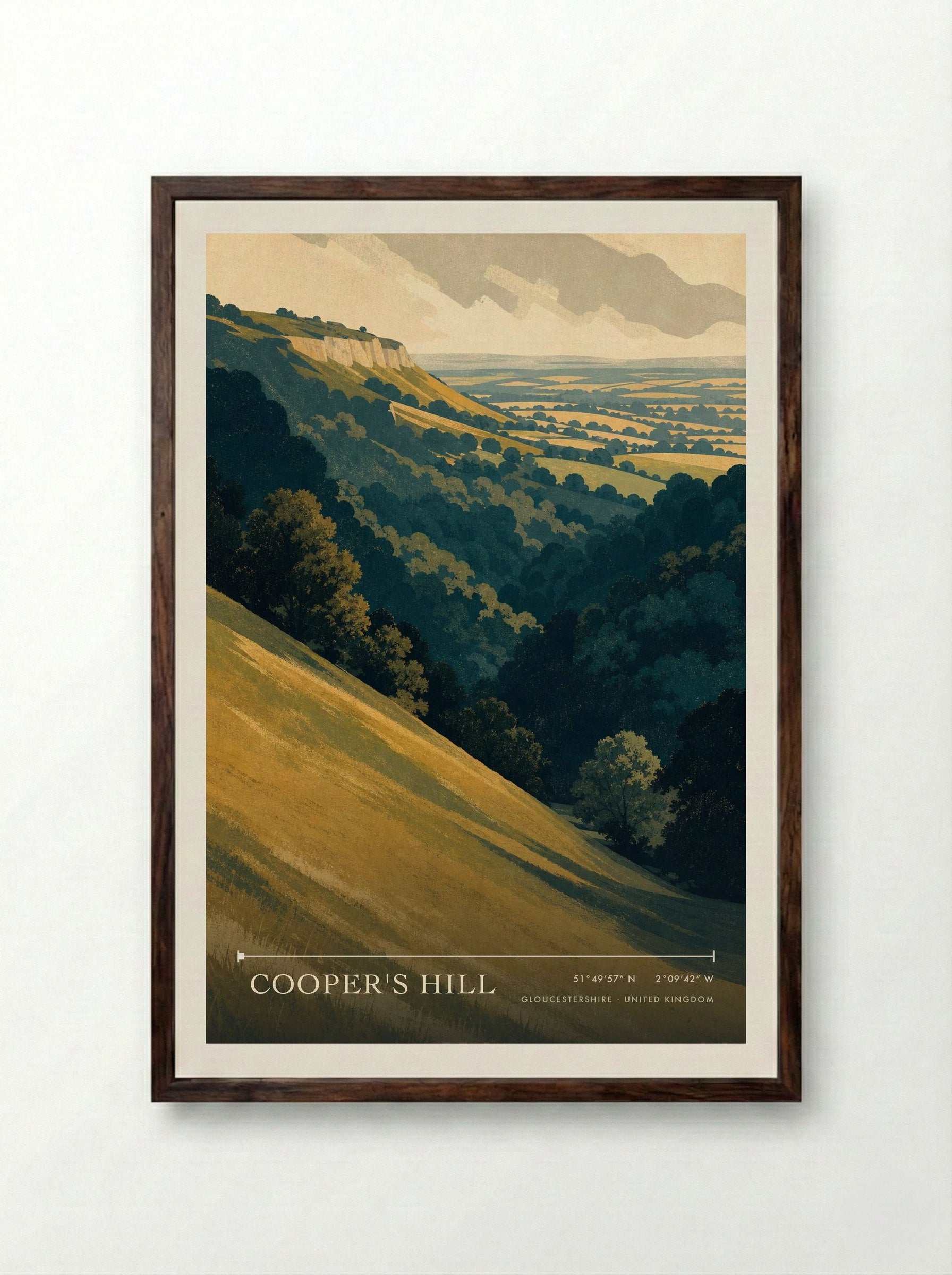 Cooper's Hill Gloucestershire United Kingdom Travel Poster - Framed Print Dark Wood