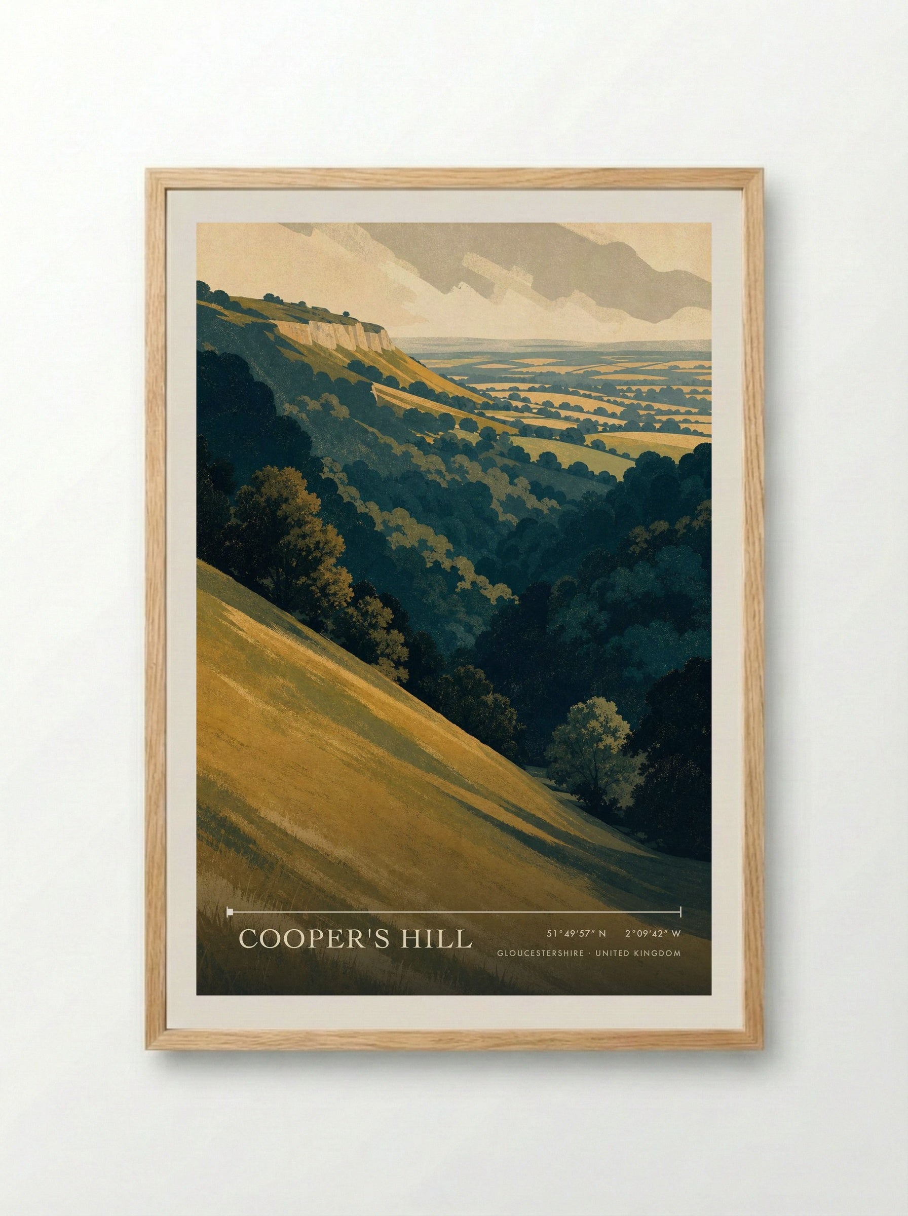 Cooper's Hill Gloucestershire United Kingdom Travel Poster - Framed Print Wood