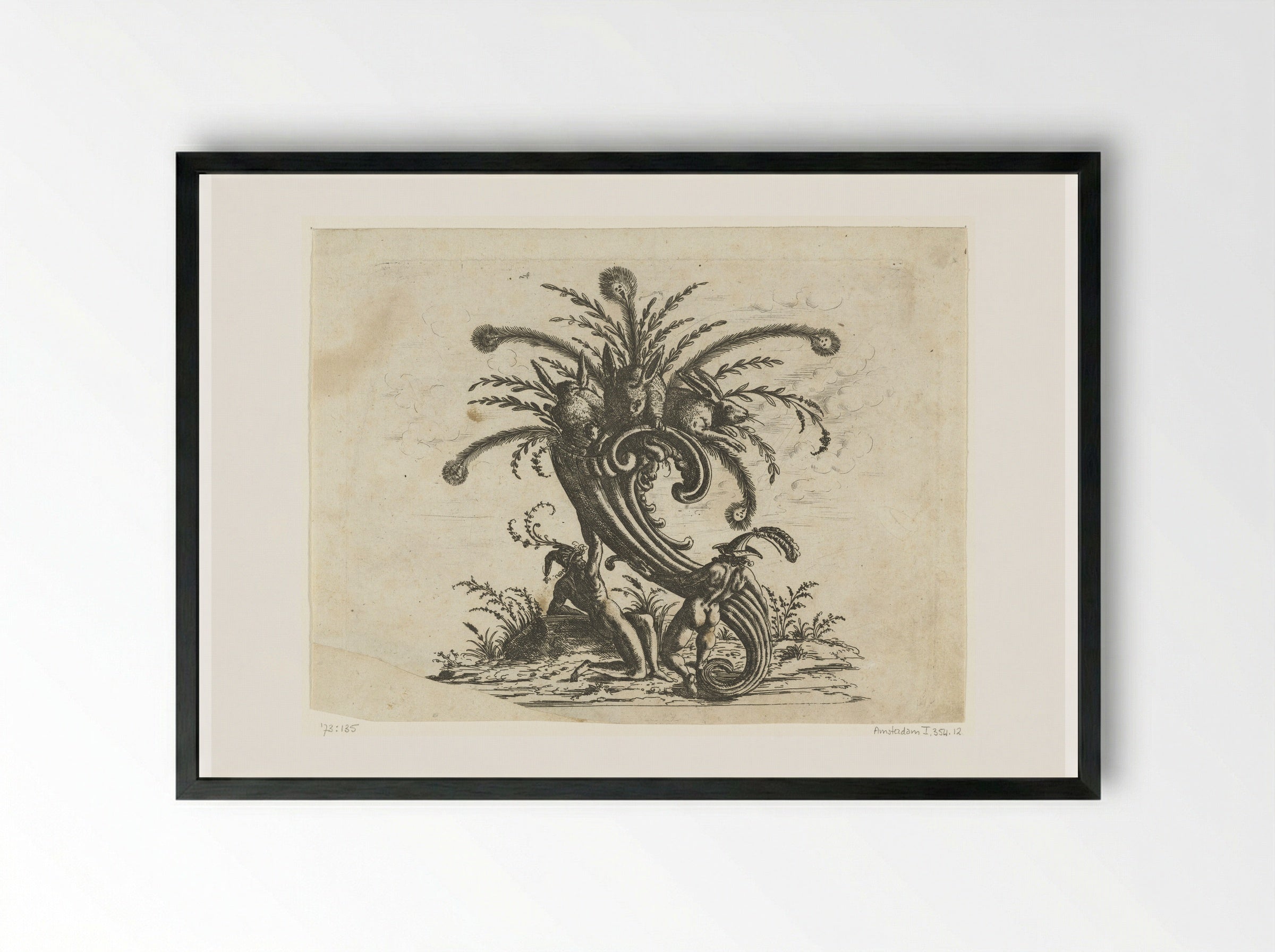 Cornucopia with Three Rabbits - Christoph Jamnitzer - Framed Print Black