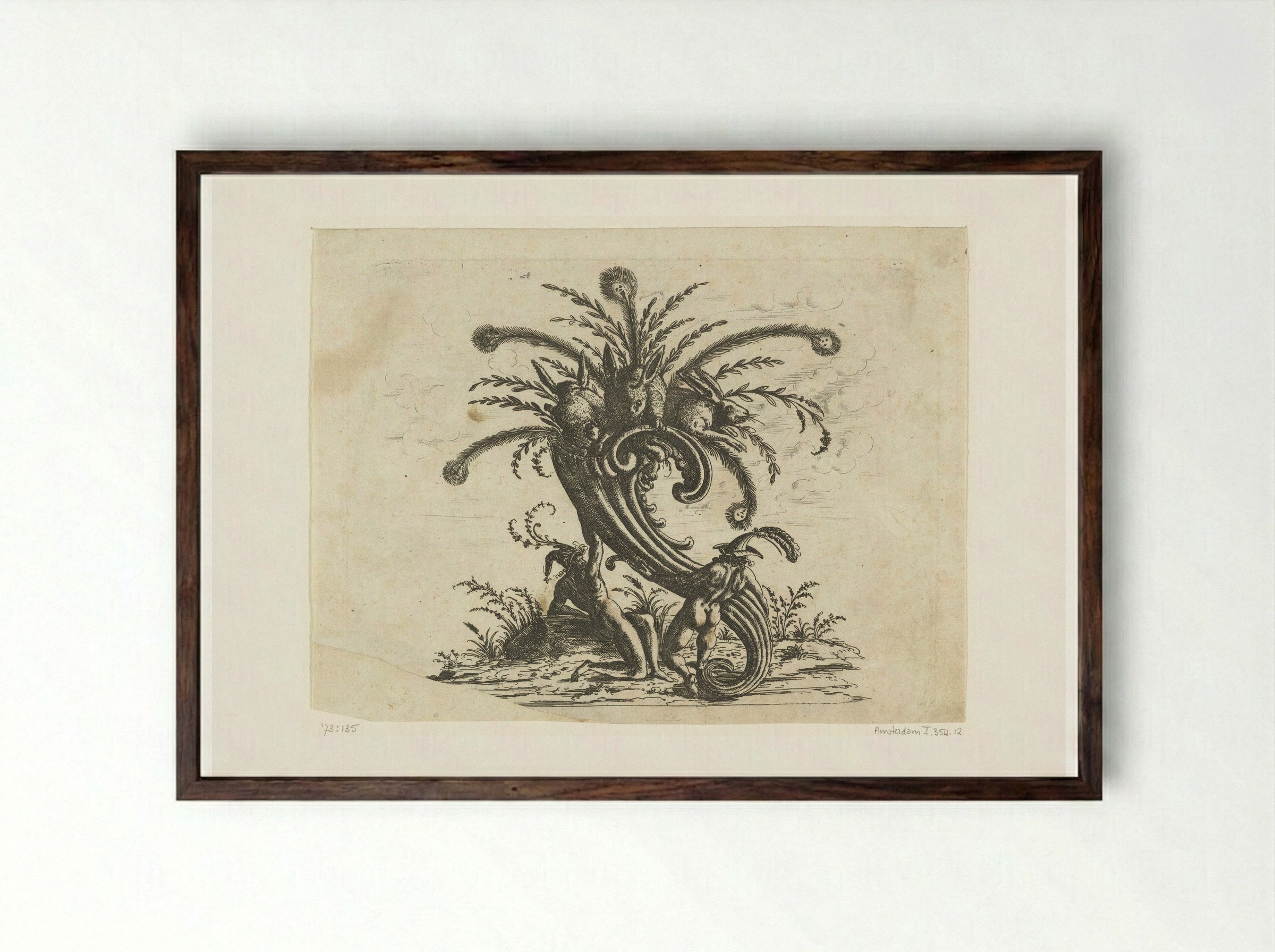 Cornucopia with Three Rabbits - Christoph Jamnitzer - Framed Print Dark Wood