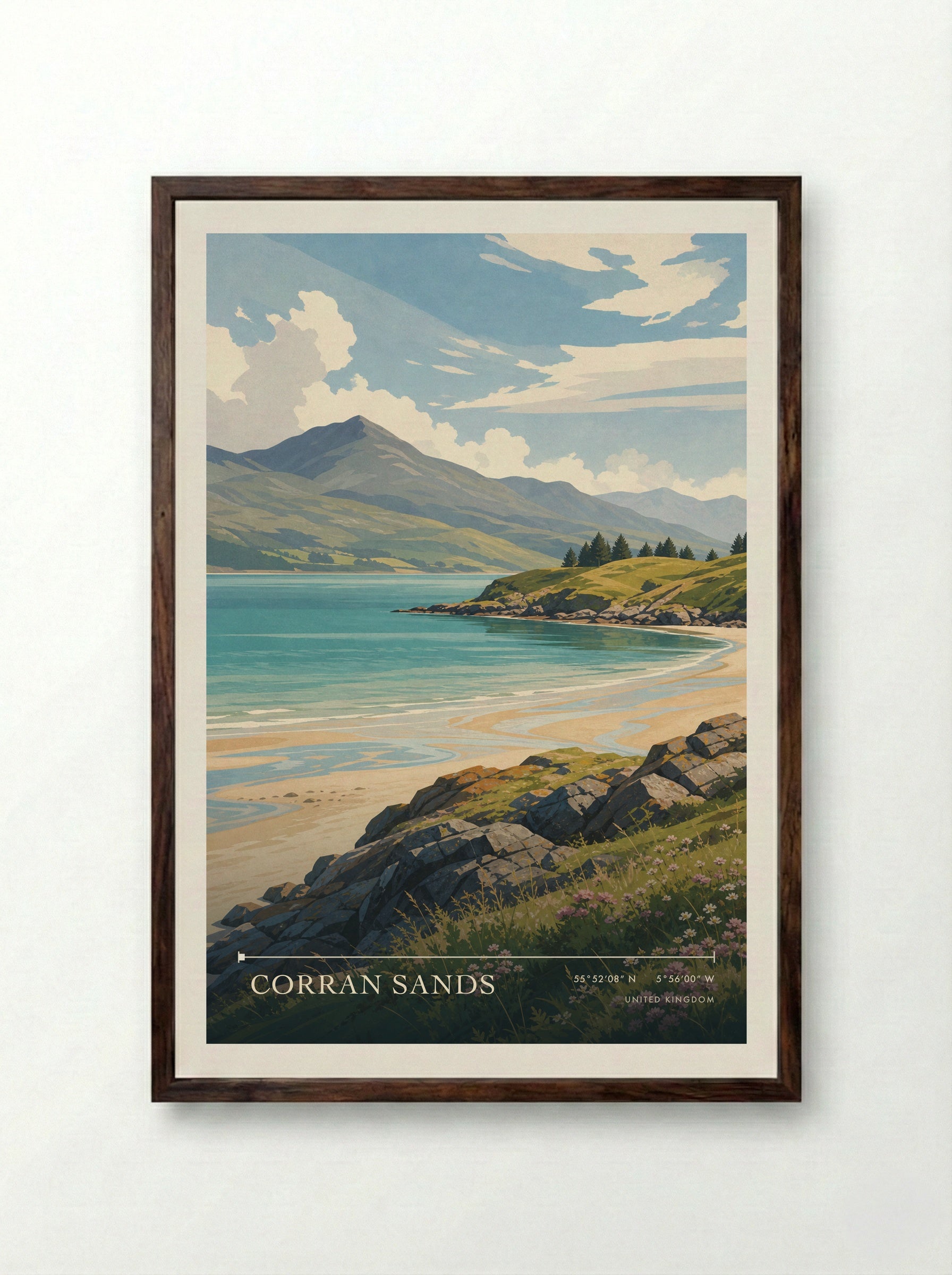 Corran Sands United Kingdom Travel Poster - Framed Print Dark Wood