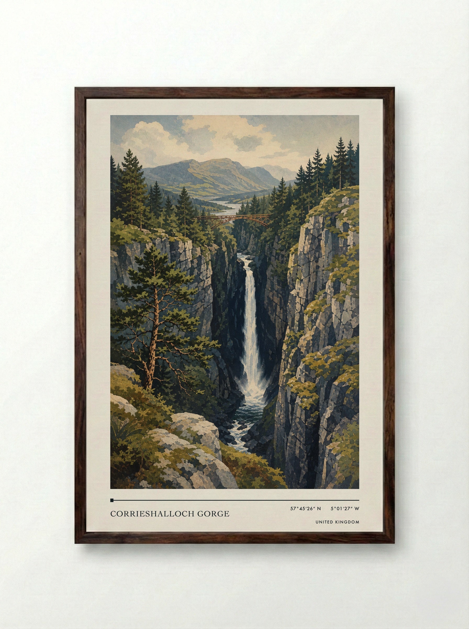 Corrieshalloch Gorge United Kingdom Travel Poster - Framed Print Dark Wood