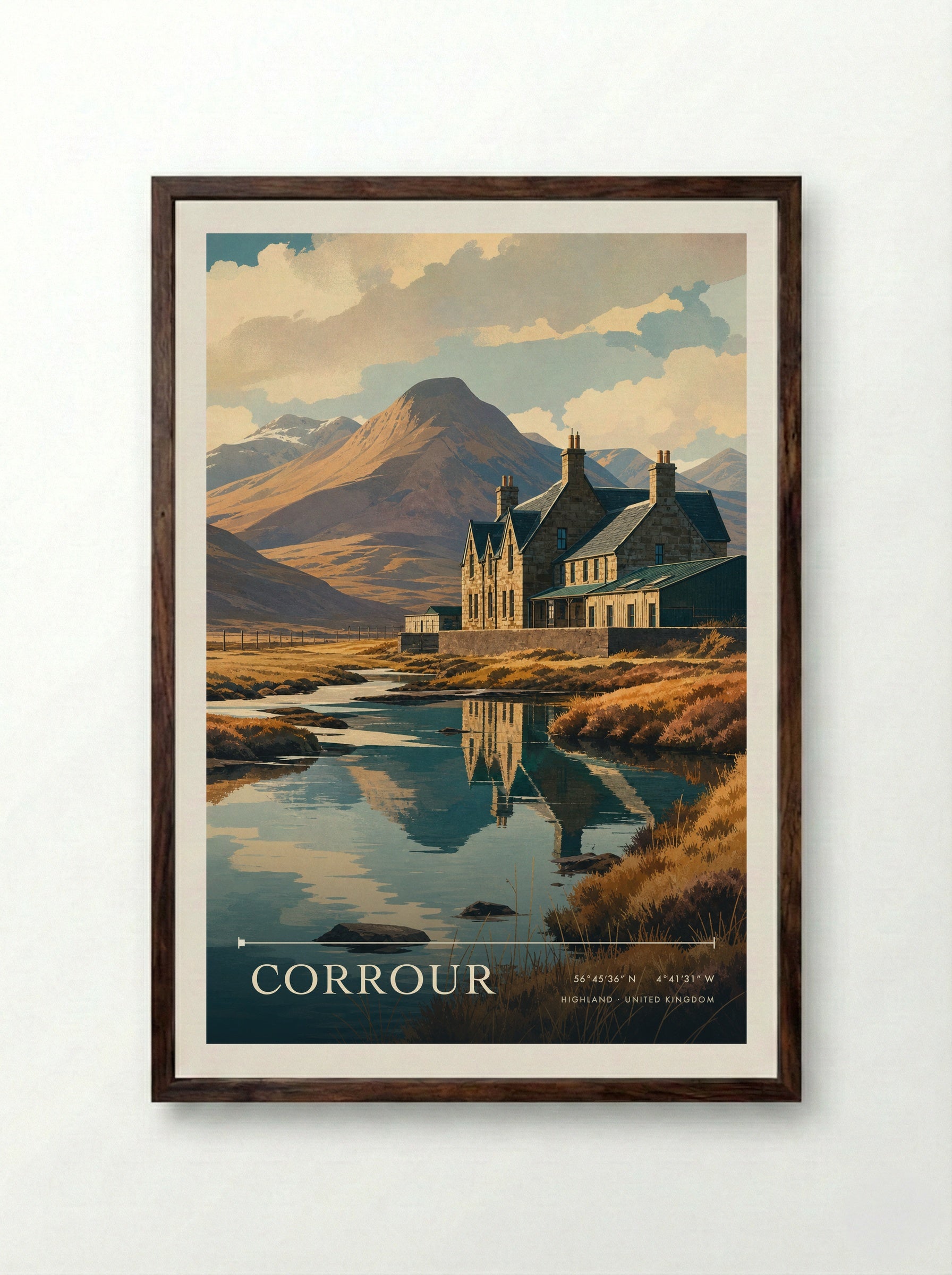 Corrour Highland United Kingdom Travel Poster - Framed Print Dark Wood