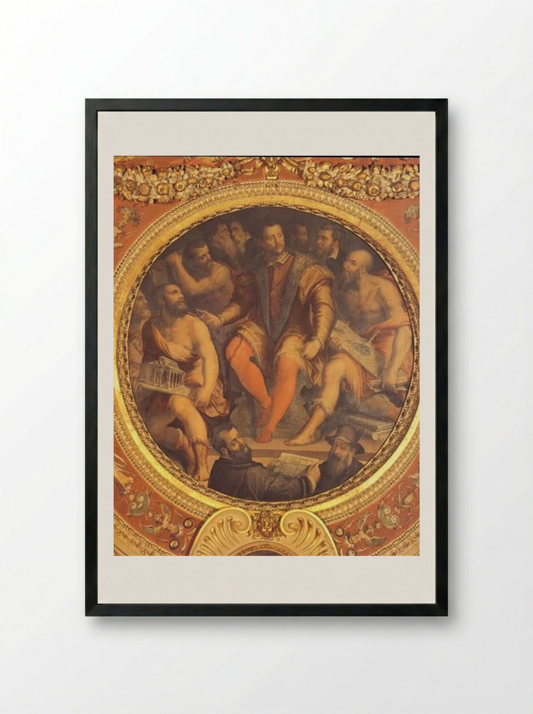 Cosimo I de Medici surrounded by his Architects, Engineers and Sculptors - Giorgio Vasari - Framed Print Black