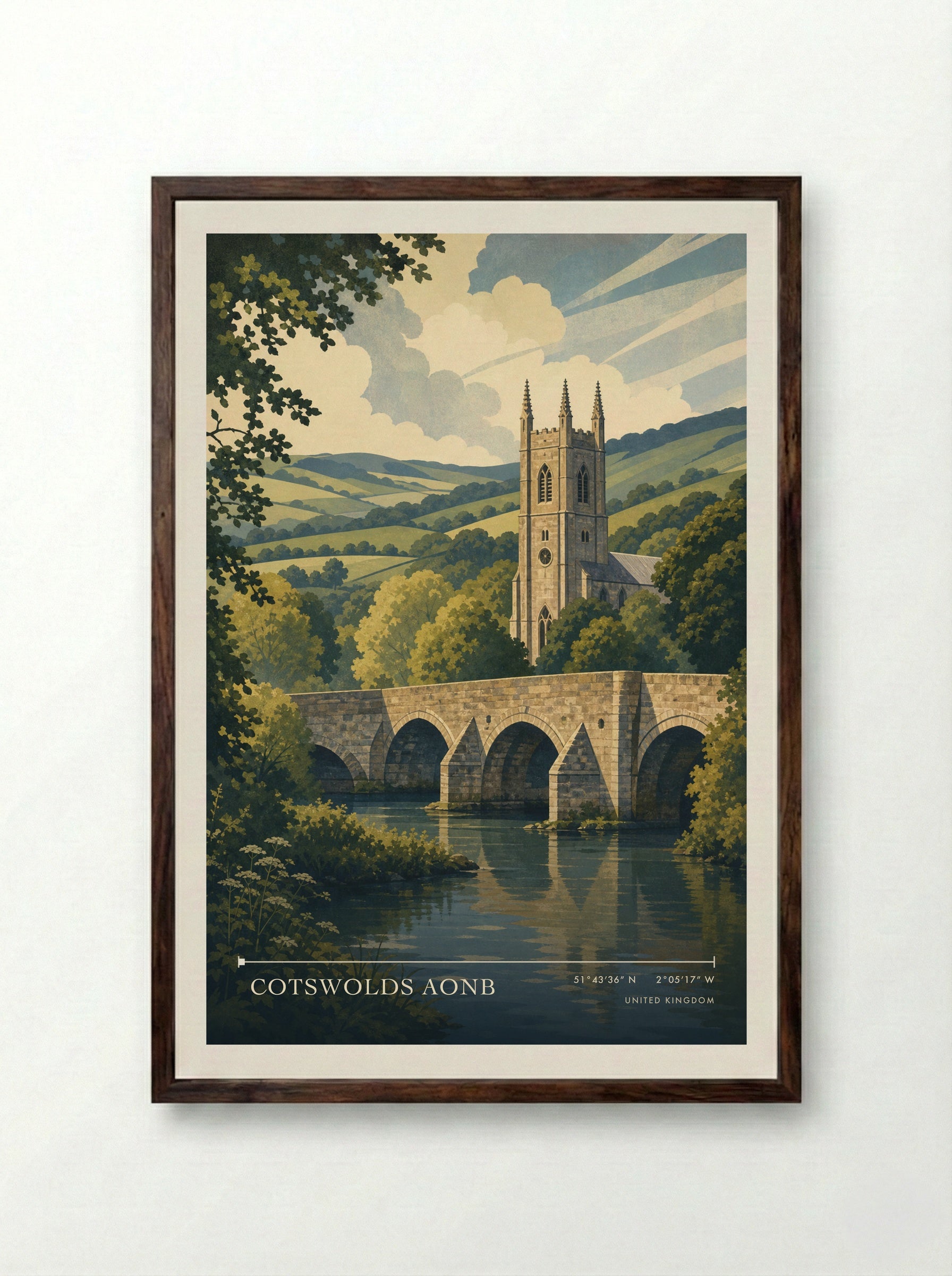Cotswolds AONB United Kingdom Travel Poster - Framed Print Dark Wood
