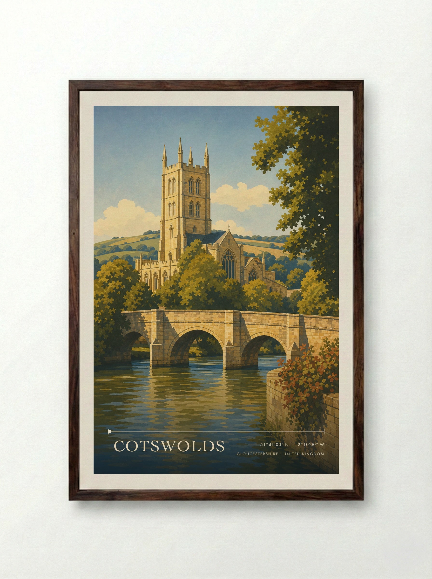 Cotswolds Gloucestershire United Kingdom Travel Poster - Framed Print Dark Wood