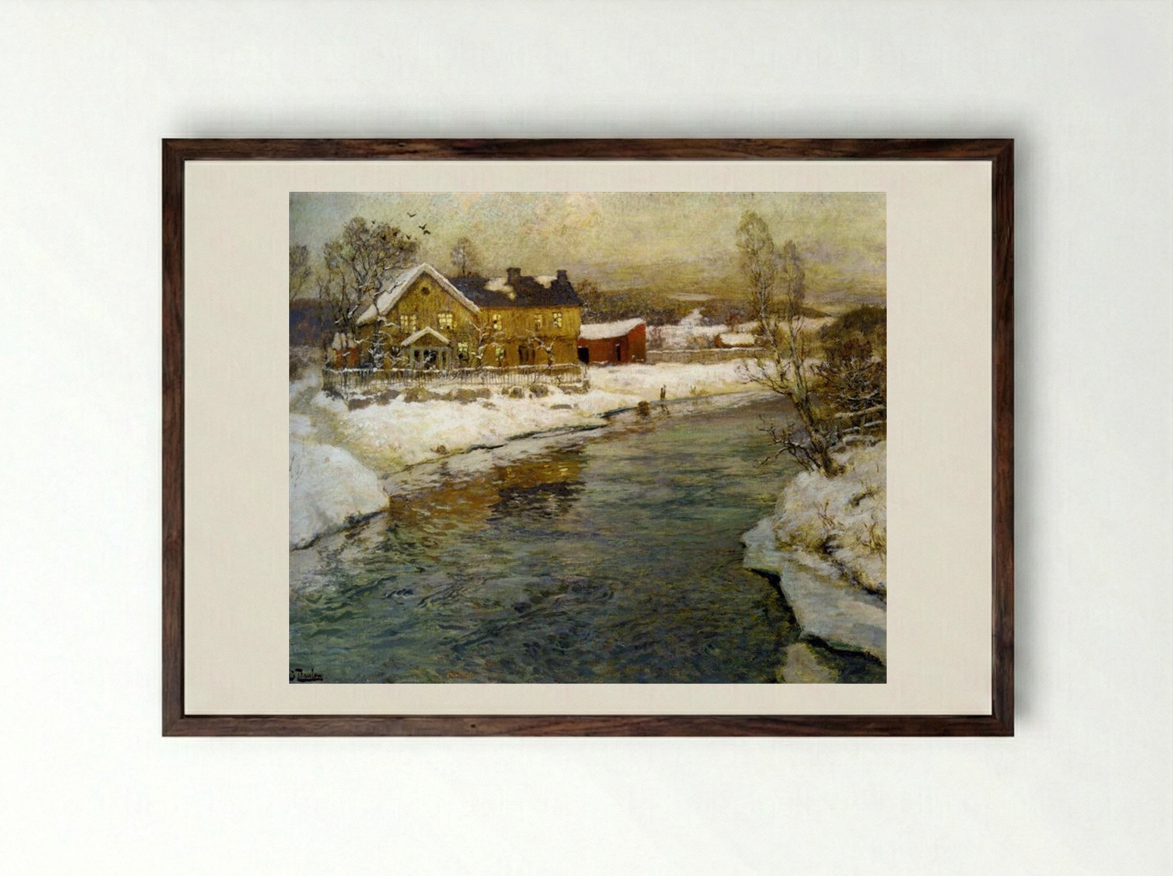 Cottage by a Canal in the Snow - Frits Thaulow - Framed Print Dark Wood
