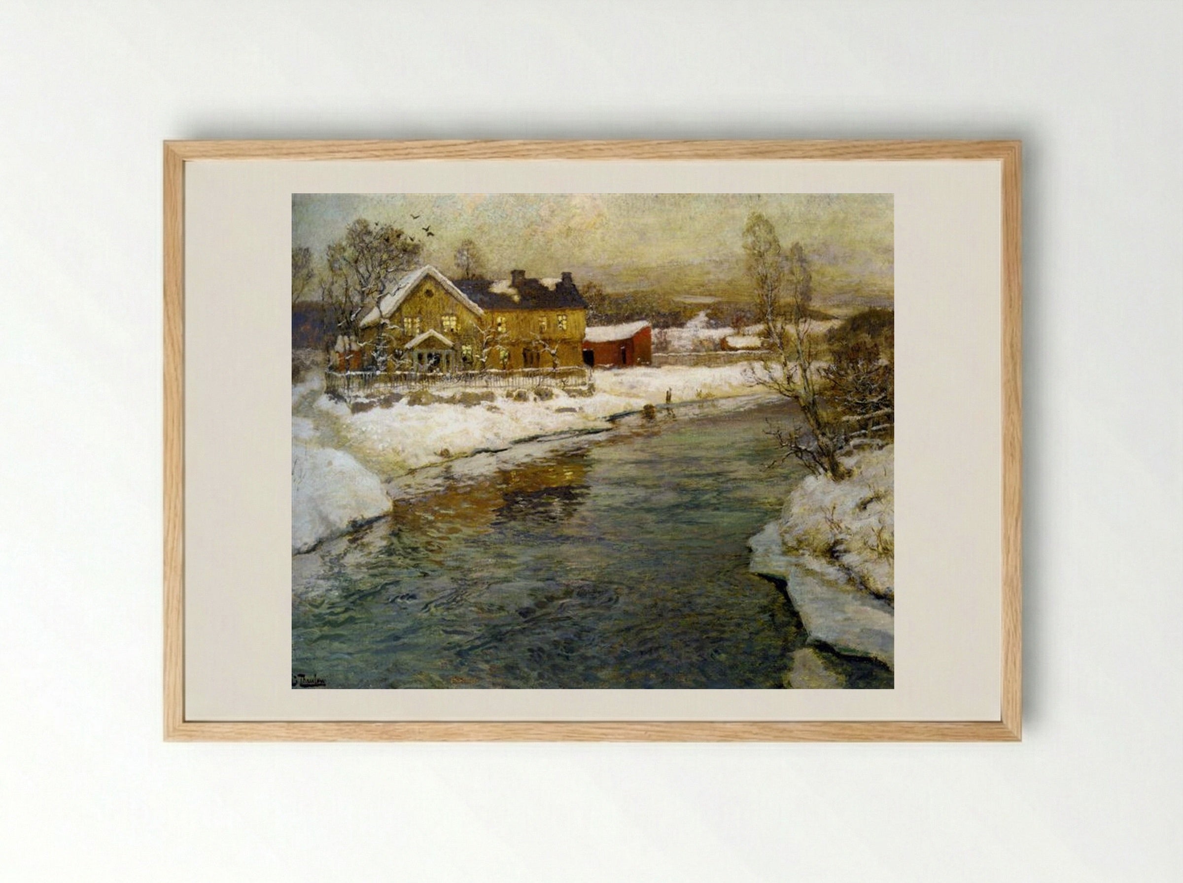 Cottage by a Canal in the Snow - Frits Thaulow - Framed Print Wood