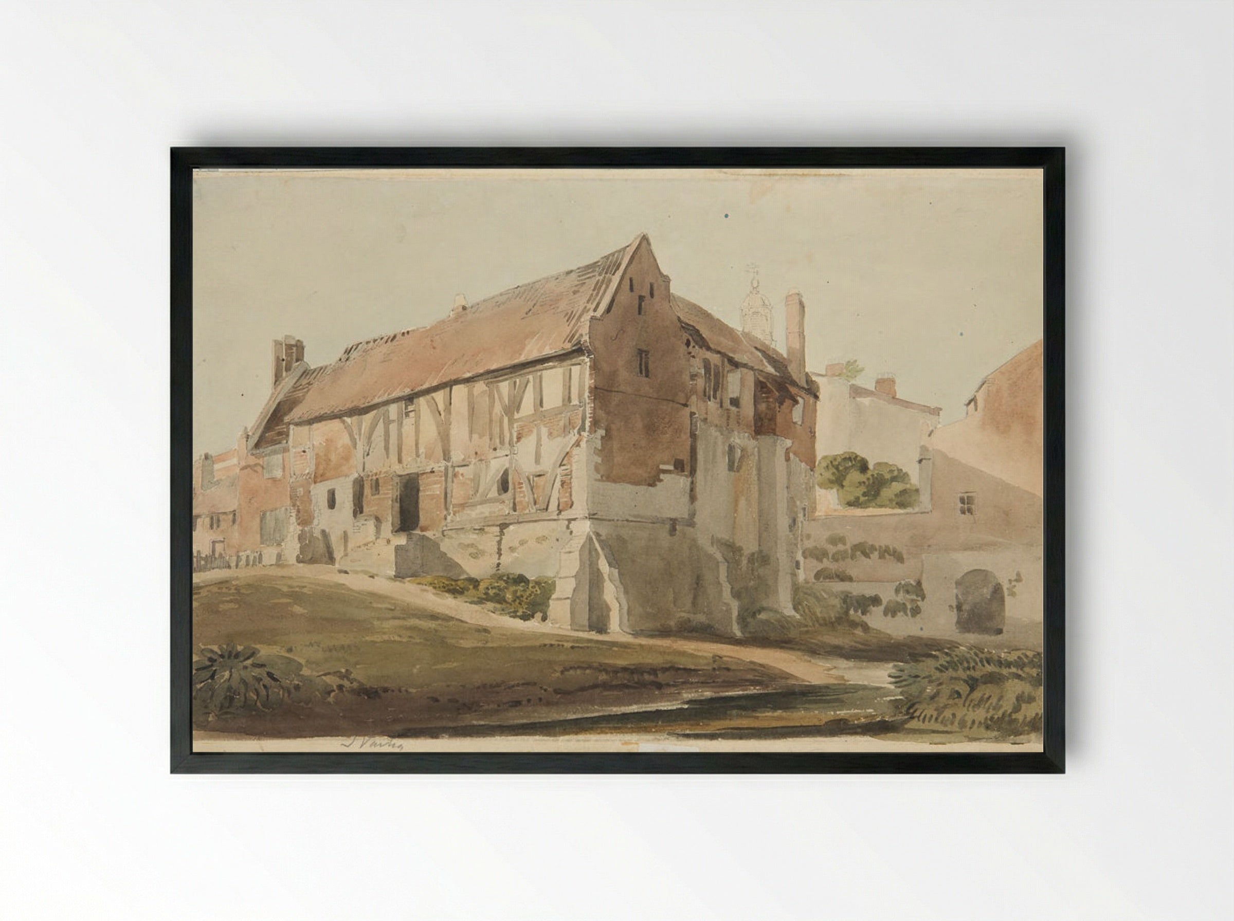 Cottage near the Castle at York - John Varley - Framed Print Black