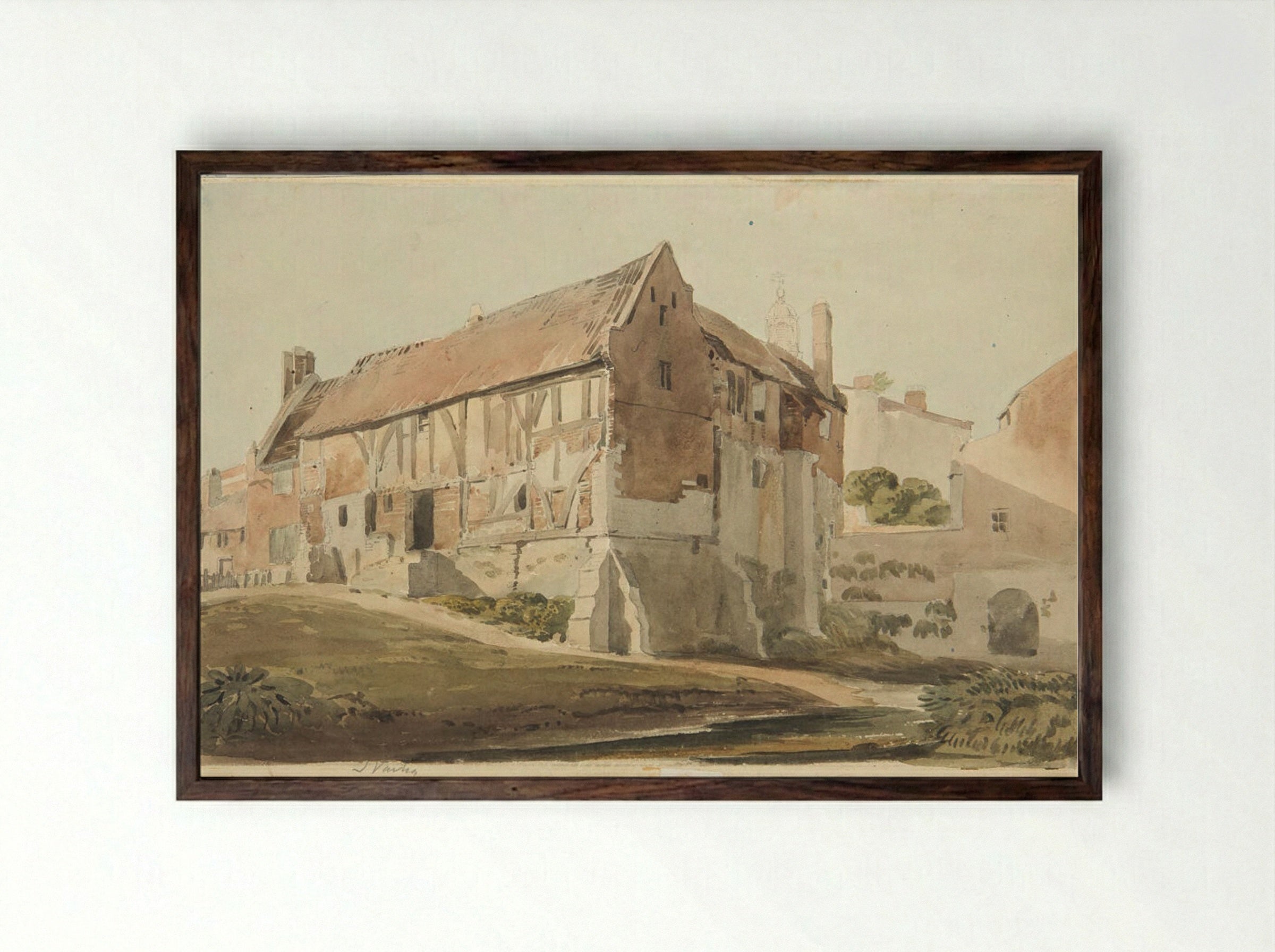 Cottage near the Castle at York - John Varley - Framed Print Dark Wood