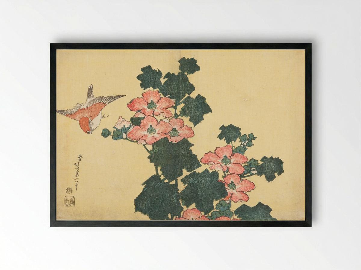 Cotton Roses and Sparrow - Katsushika Hokusai - Framed Print Black