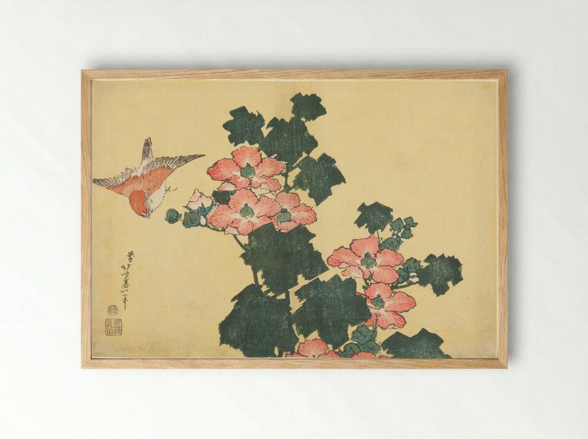 Cotton Roses and Sparrow - Katsushika Hokusai - Framed Print Wood