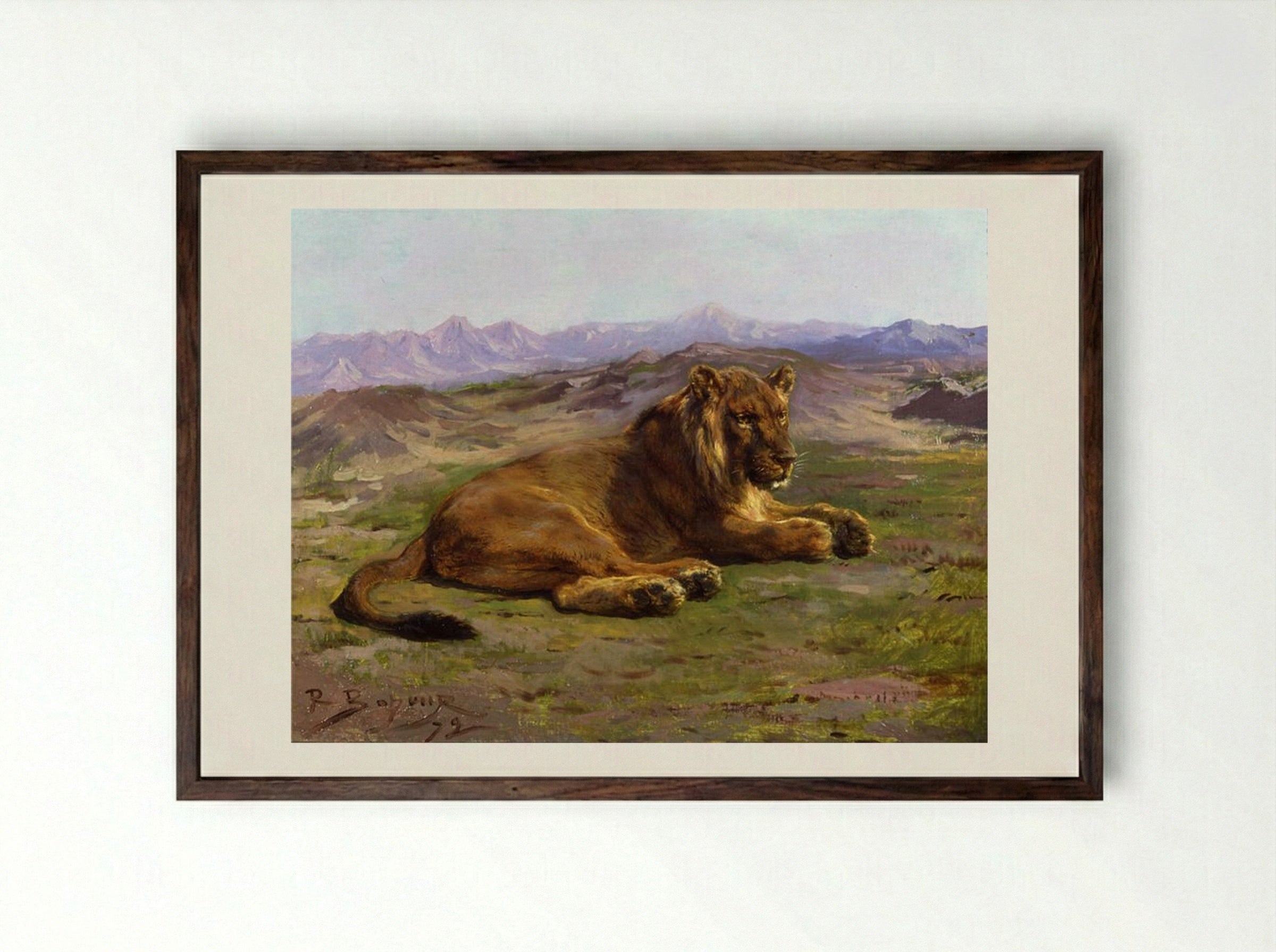 Couching Lion - Rosa Bonheur - Framed Print Dark Wood