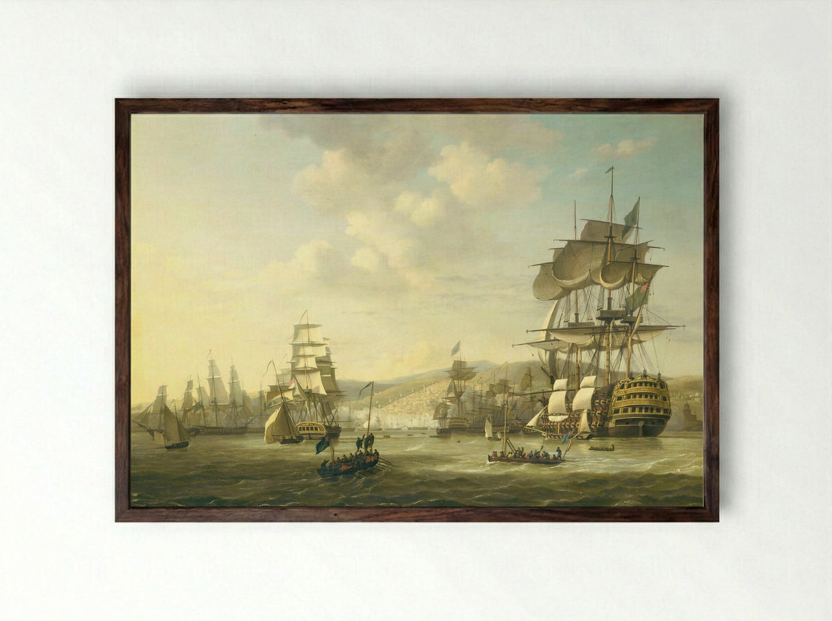 Council of War Aboard HMS Queen Charlotte Before the Bombardment of Algiers - Nicolaas Baur - Framed Print Dark Wood