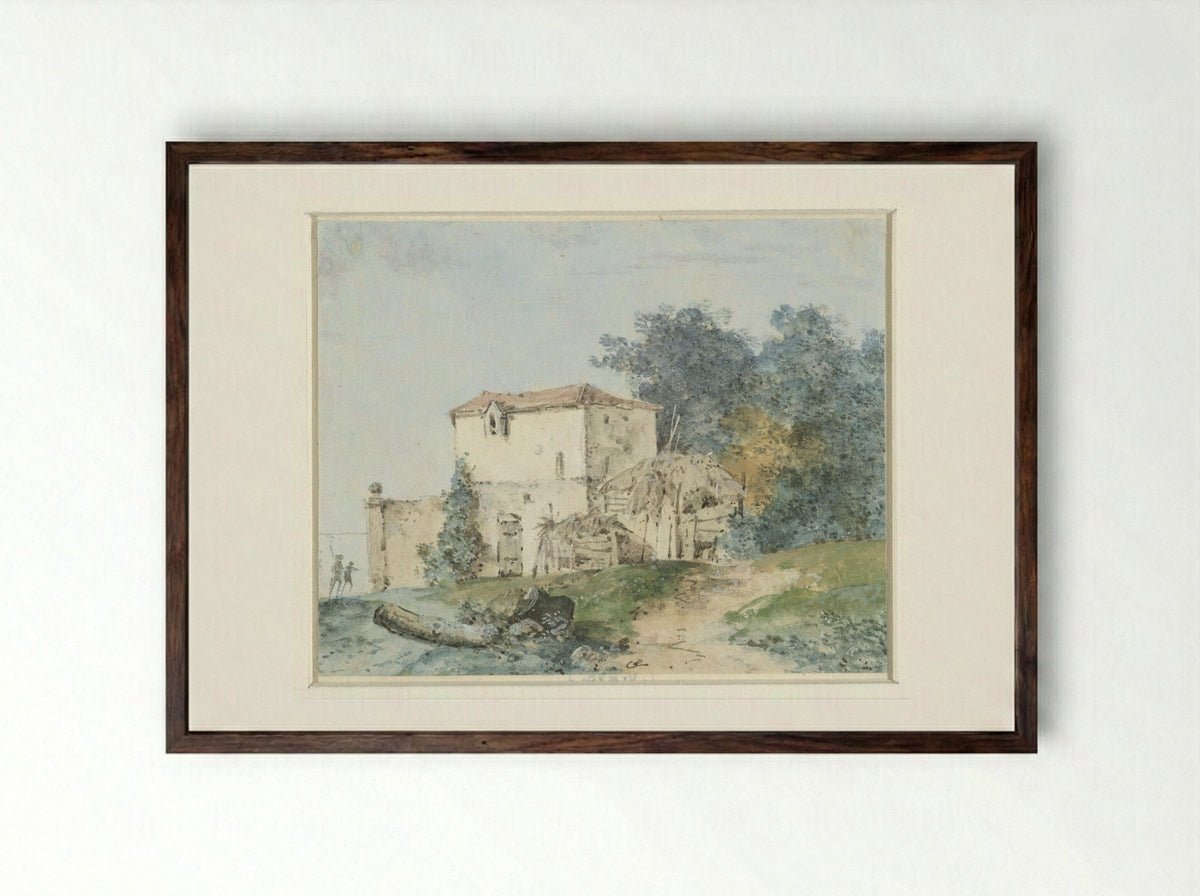 Country House in a Landscape - Louis Gabriel Moreau - Framed Print Dark Wood