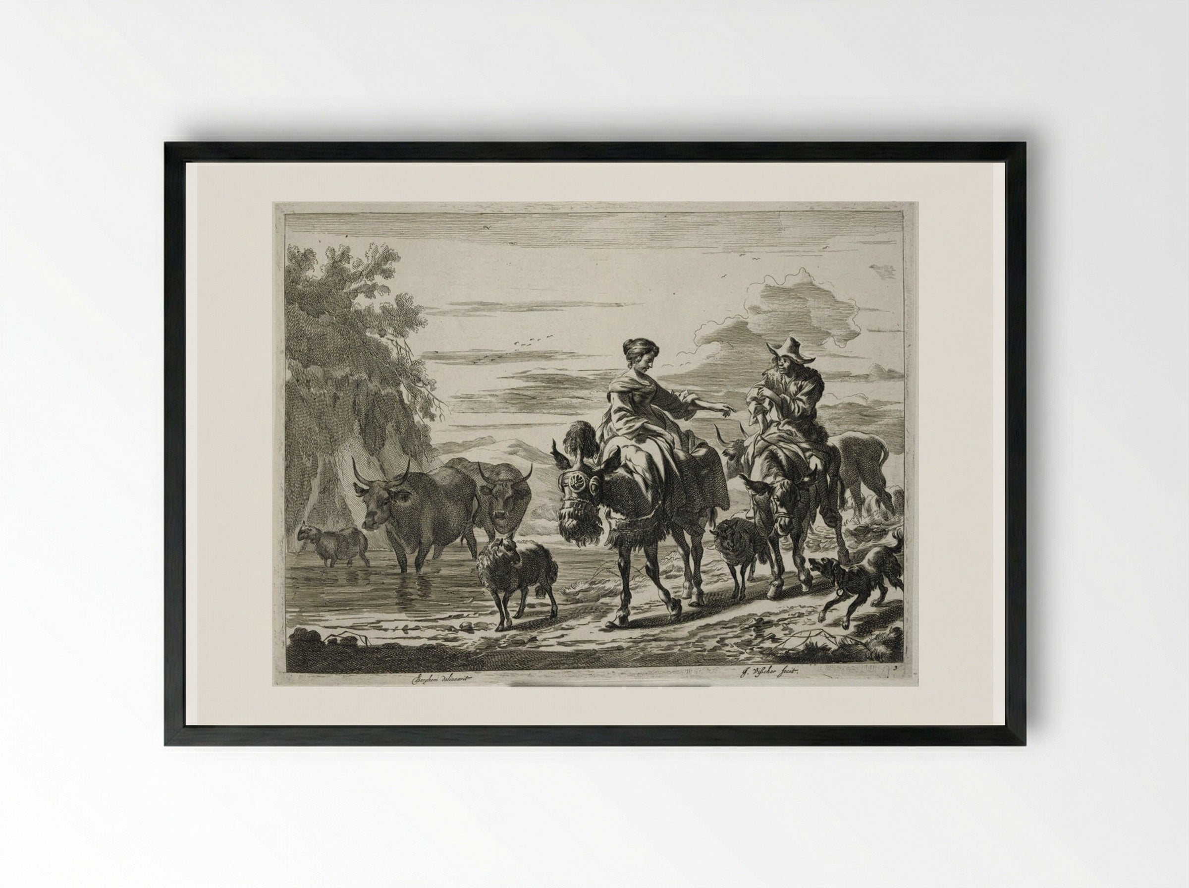 Couple, Each Riding a Donkey - Johannes Visscher - Framed Print Black