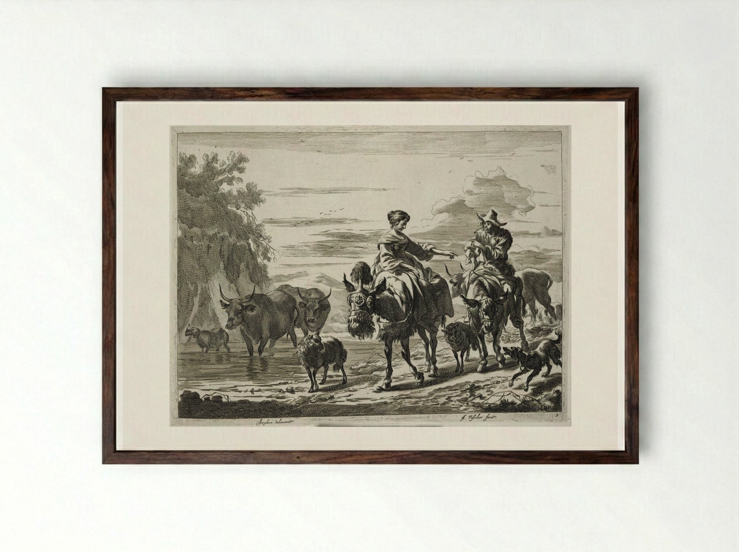 Couple, Each Riding a Donkey - Johannes Visscher - Framed Print Dark Wood
